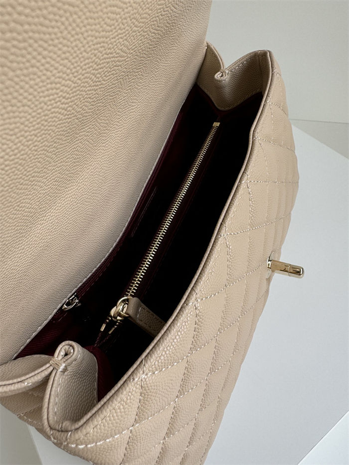 Medium FLAP BAG WITH TOP HANDLE Grained Calfskin Beige Gold Metal High