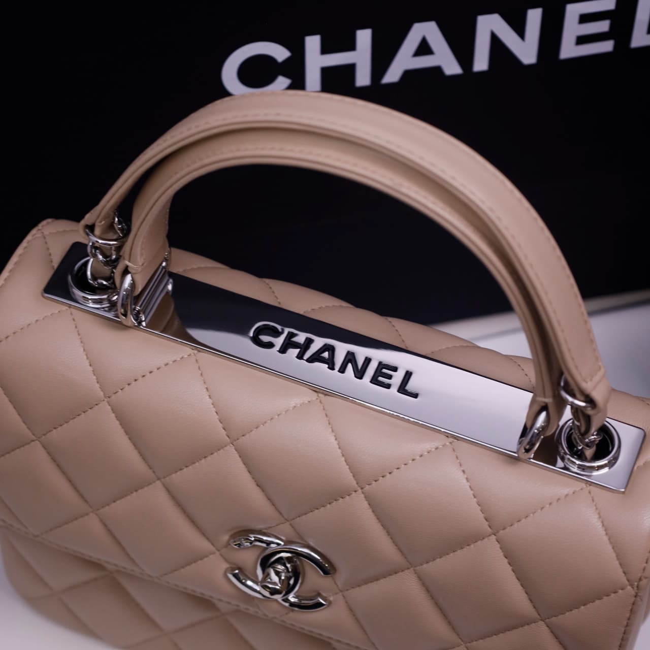 SMALL FLAP BAG WITH TOP HANDLE Lambskin Silver Metal Beige A