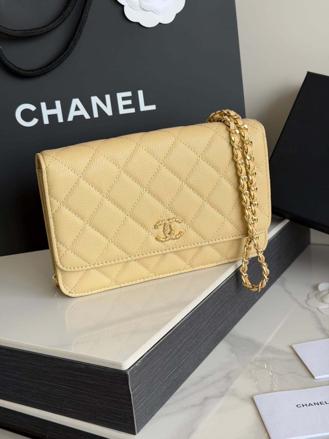 Chanel Wallet on Chain Shiny Grained Calfskin Strass & Gold-Tone Metal Yellow AP5073 High
