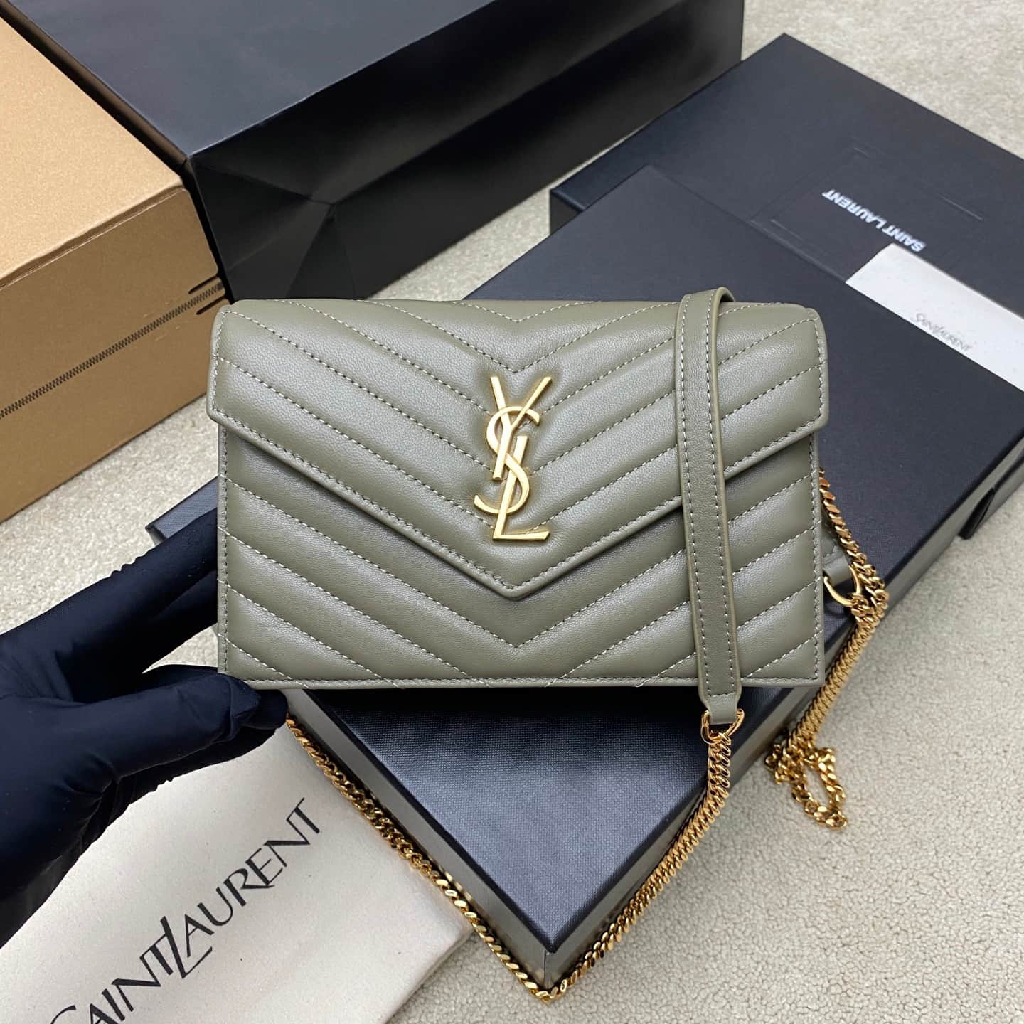 Saint Laurent Monogram Matelassé Cassandre Wallet on Chain Moss Green Lambskin 393953 High