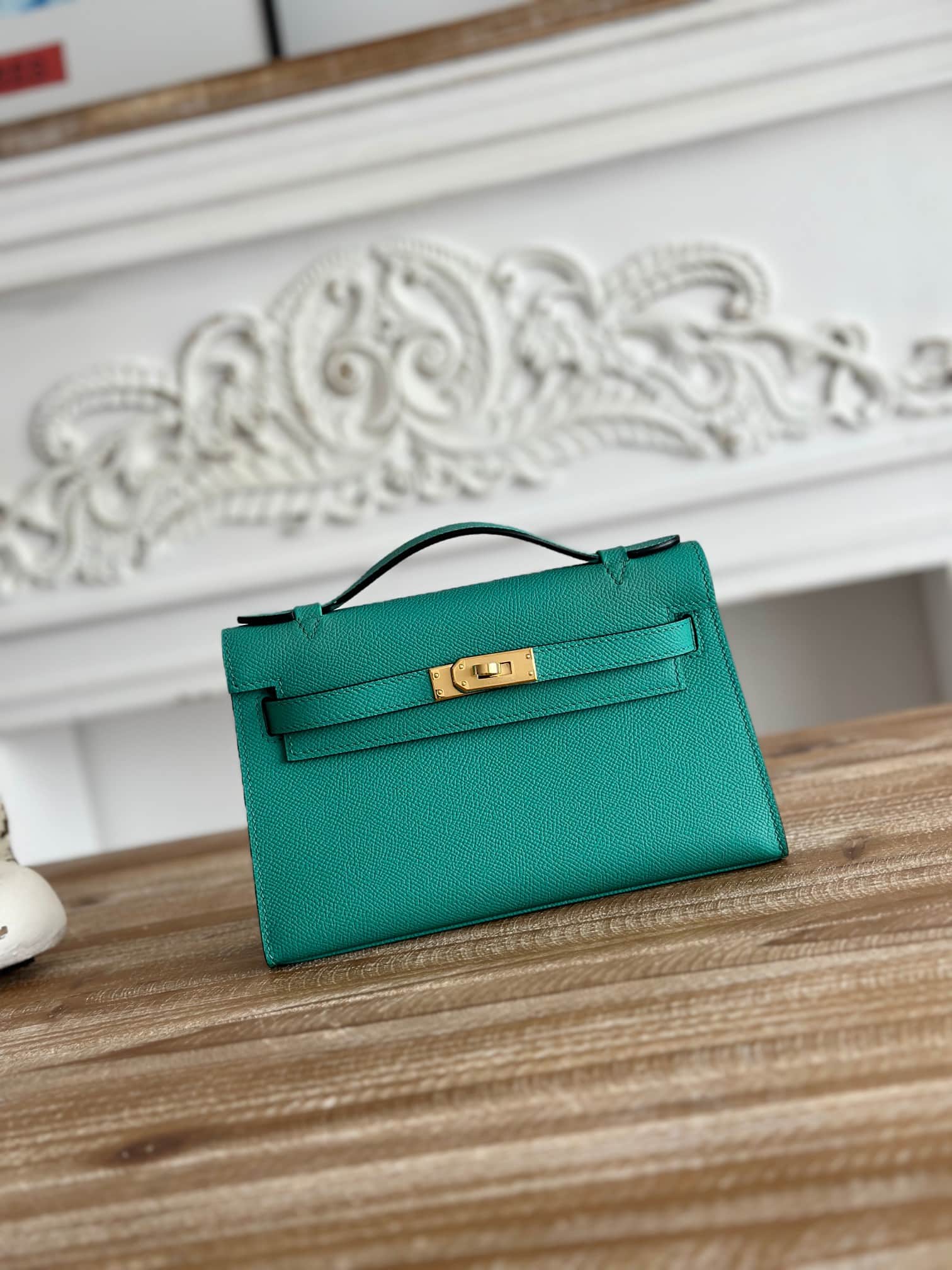 Hermes Kelly Pochette Bag Epsom Leather Silver/Gold Metal Malachite WAX High