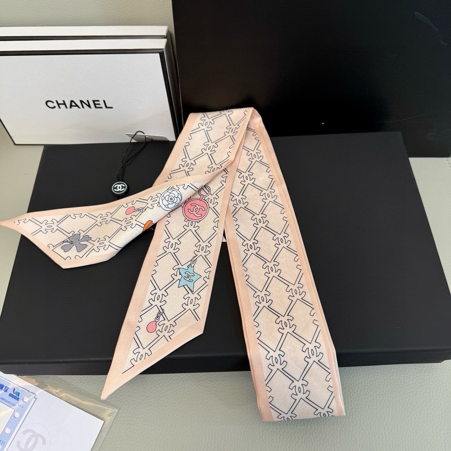Chanel Pink Lucky Charm Silk Twilly Bandeau Scarf