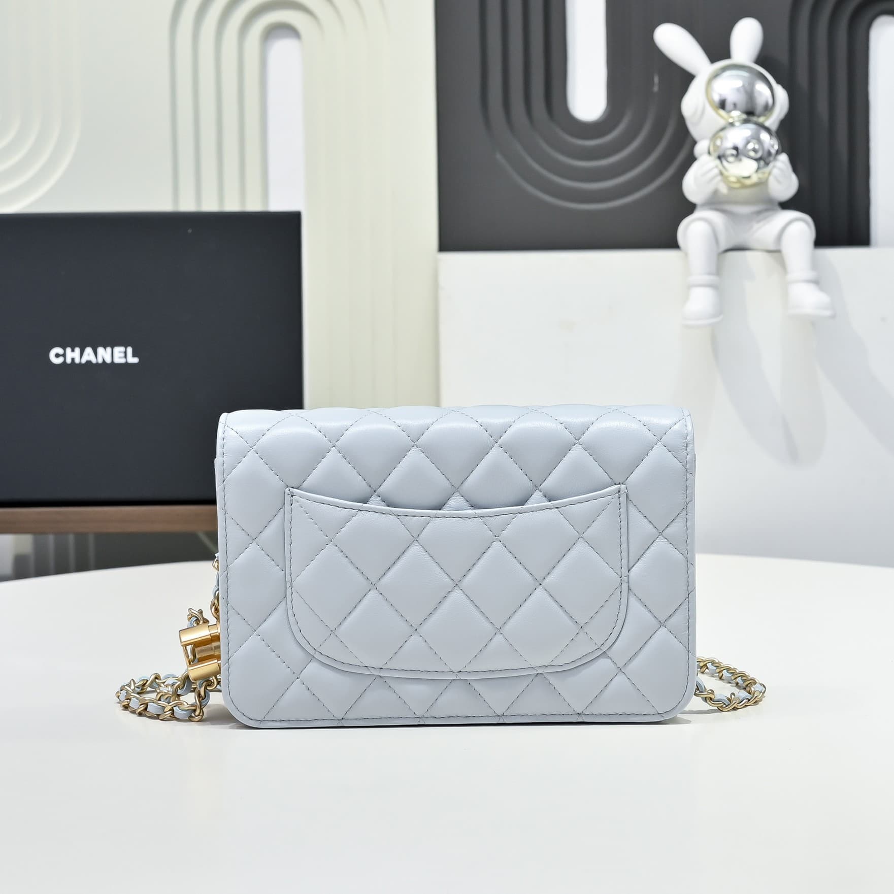 Chanel Wallet on Chain Quilted Leather  & Gold-Tone Metal Light Blue AP3938 High