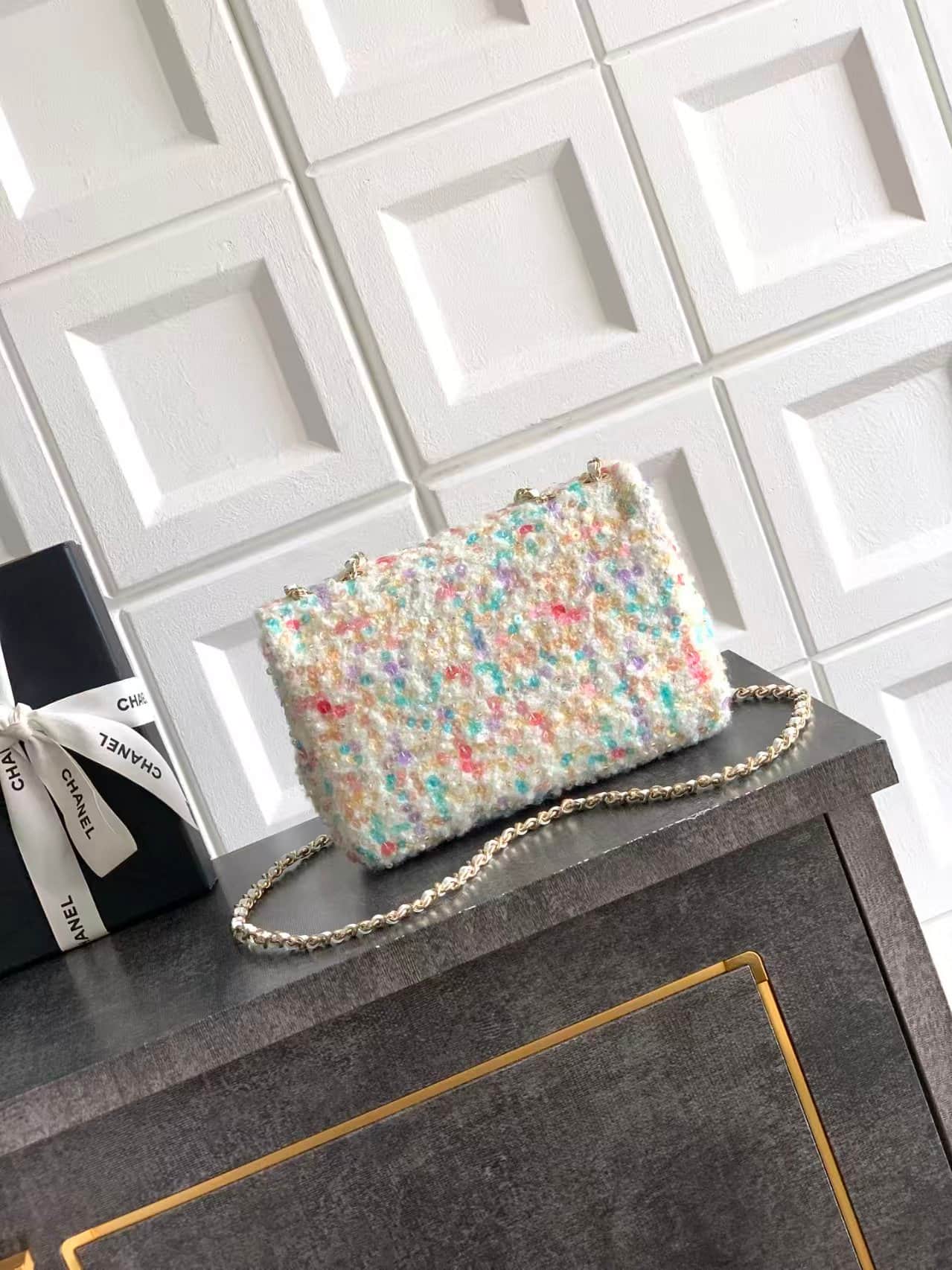 Chanel Classic Mini Flap Bag Sequin Tweed& Gold-Tone Metal Multicolor 6171 A