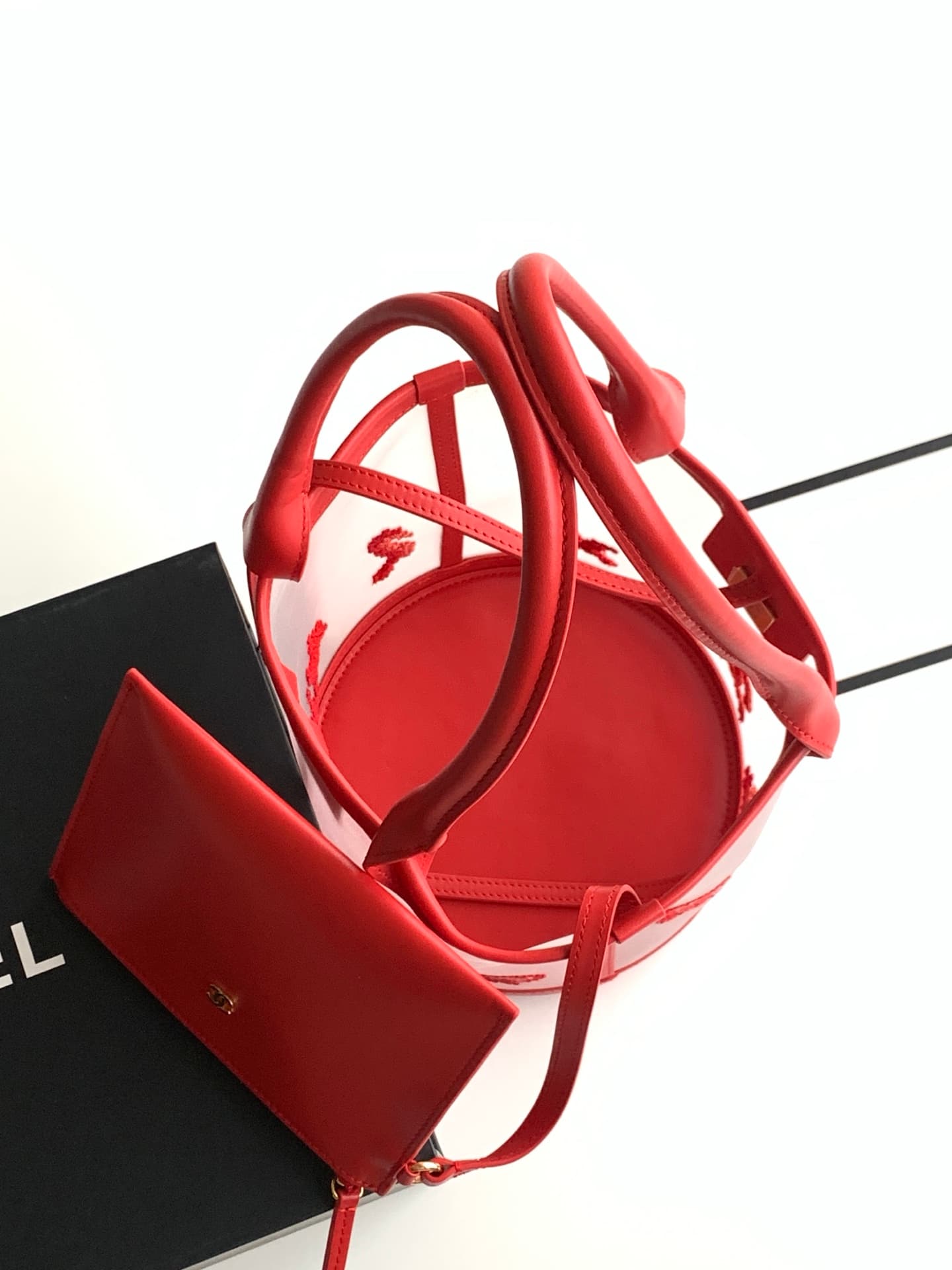 Chanel Coco Beach Large Bucket Bag Embroidered Mesh & Calfskin Transparent & Red AS6189 A