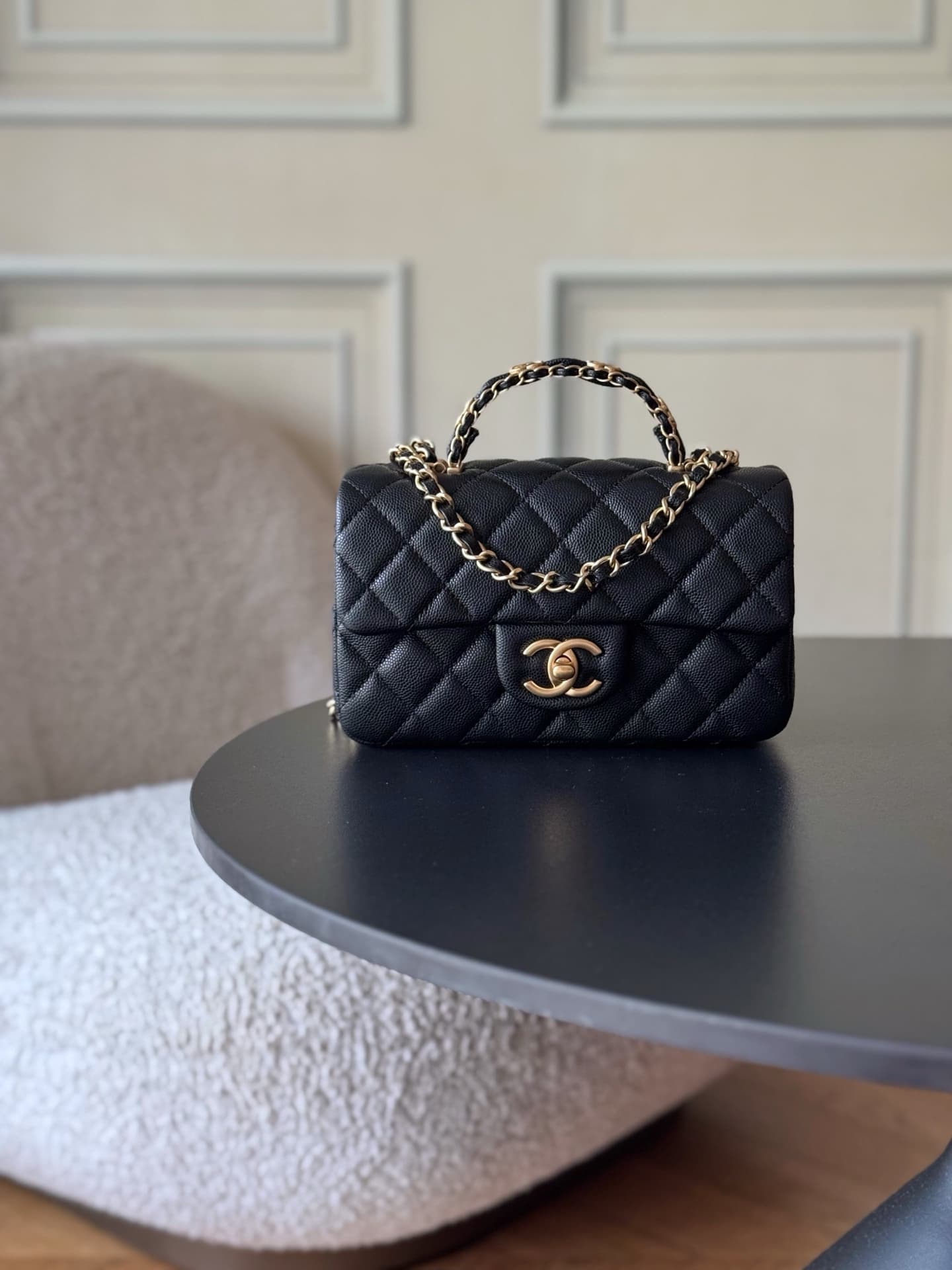 Chanel Mini Flap Bag with Top Handle Grained Shiny Calfskin & Gold-Tone Metal Black AS5701 TOP