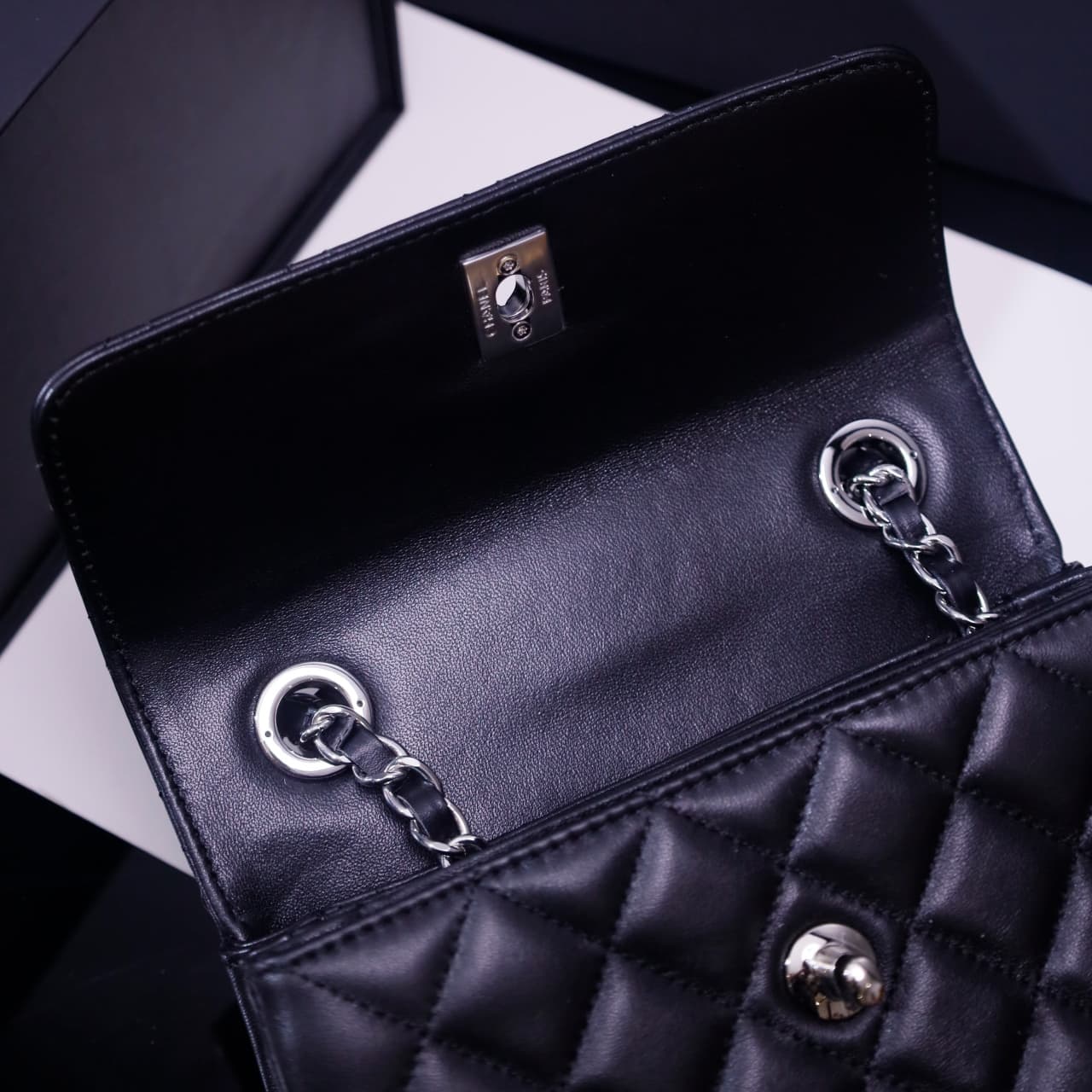 Chanel MINI FLAP BAG WITH TOP HANDLE AS4654 Lambskin &Silver-Tone Metal Black A