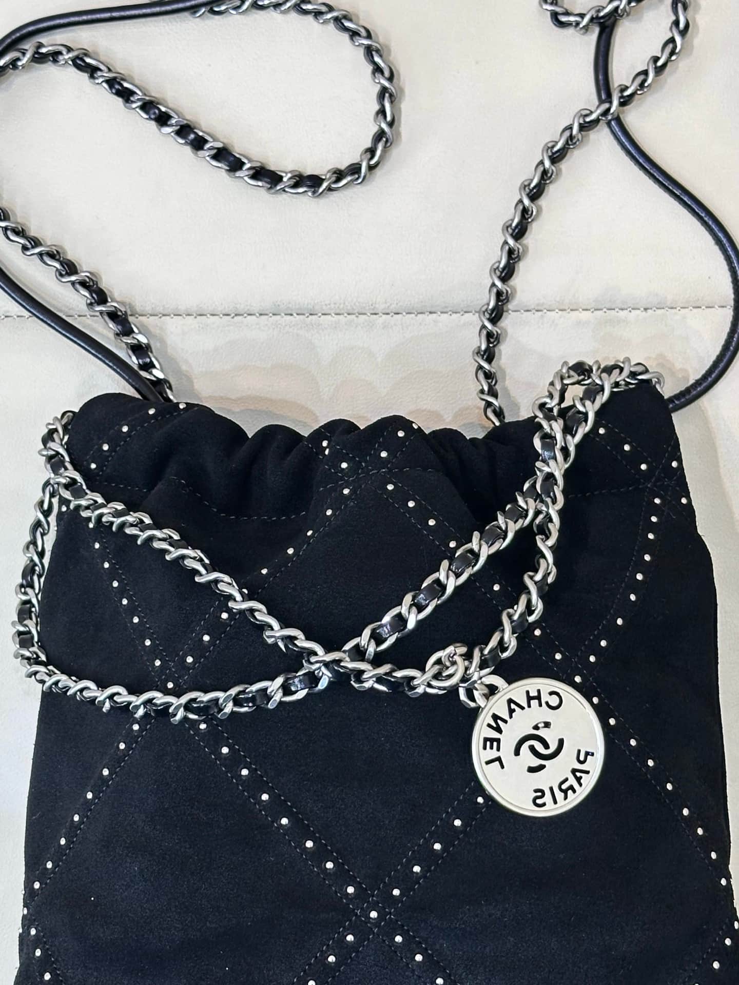 Chanel 22 MINI HANDBAG Suede Black &Silver-Tone Metal AS3980 TOP