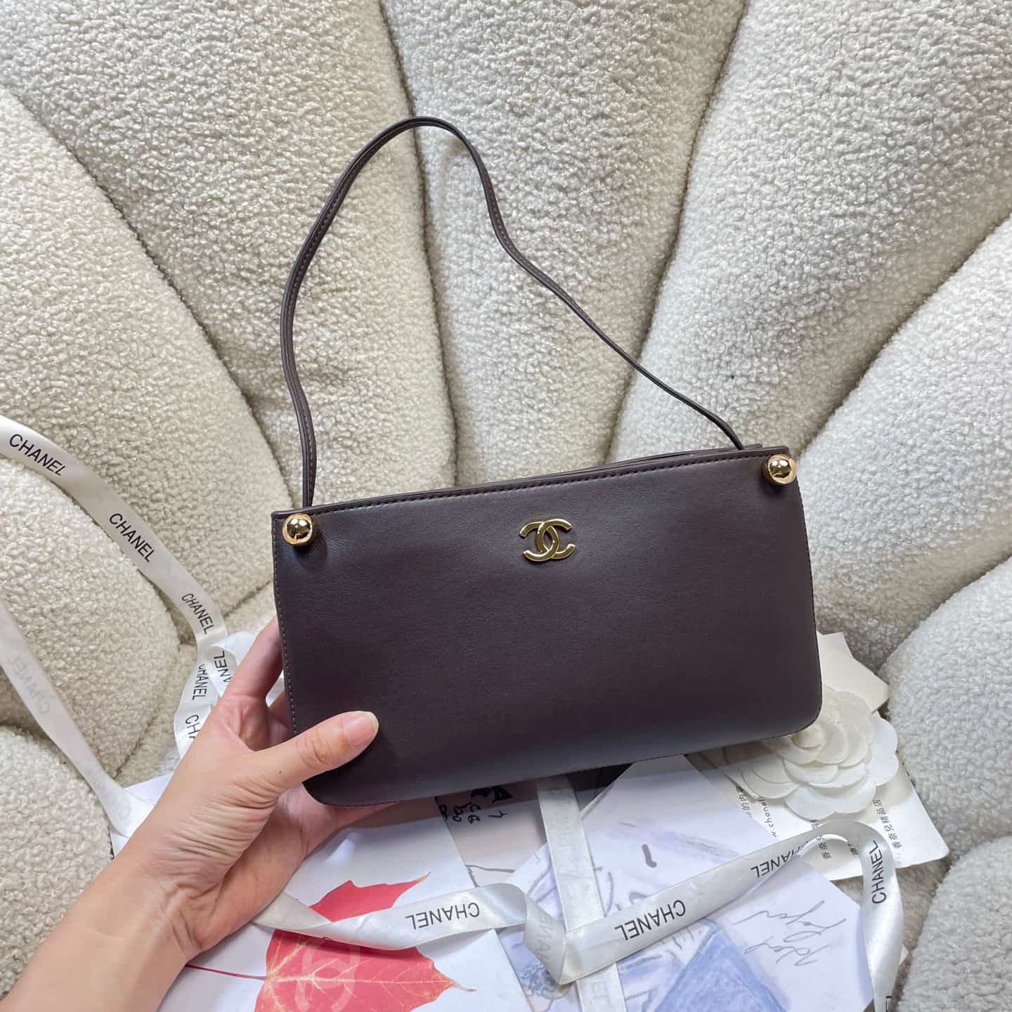 Chanel Shoulder Bag Shiny Calfskin& Gold-Tone Metal Dark Brown AS6238 High
