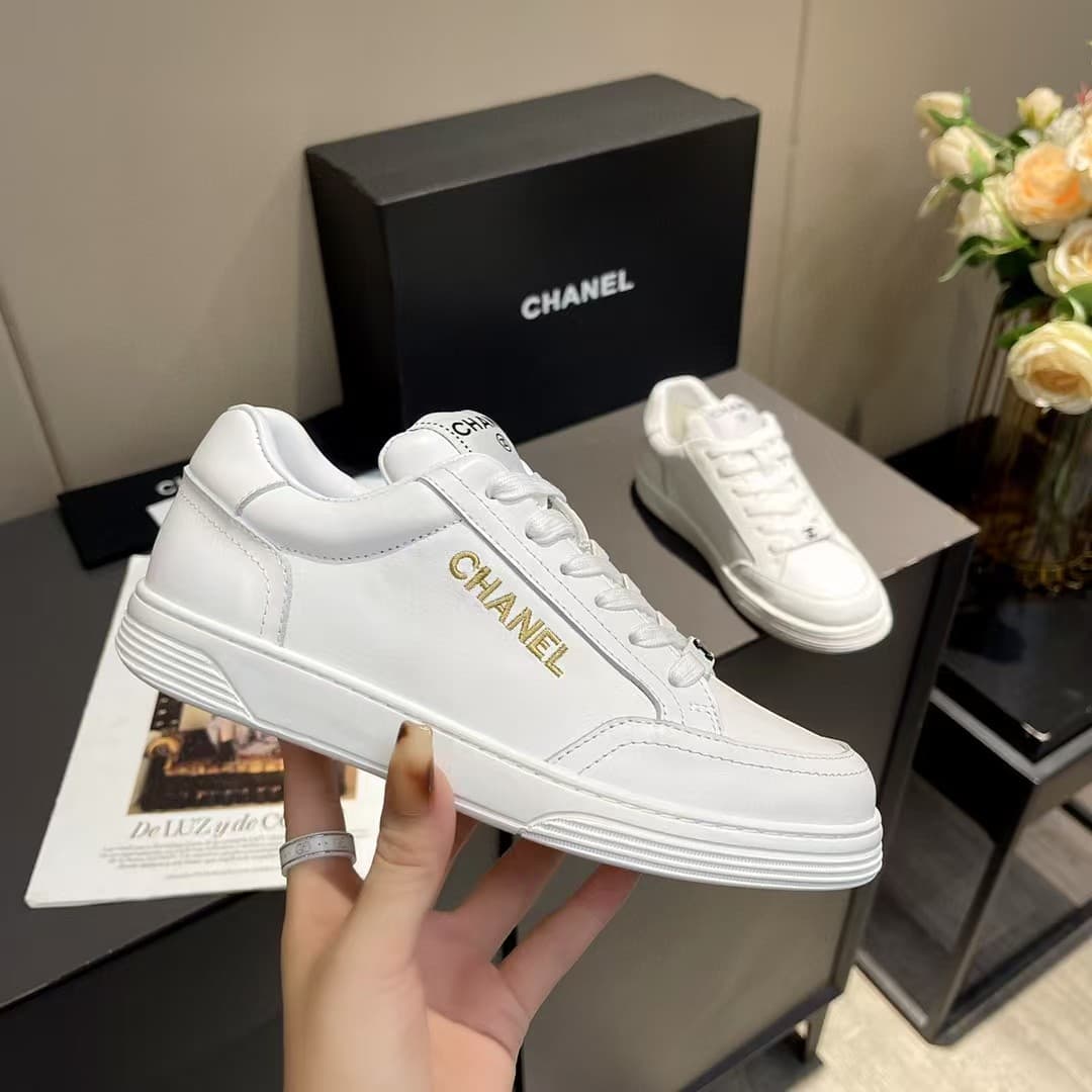 Chanel white leather sneaker shoes