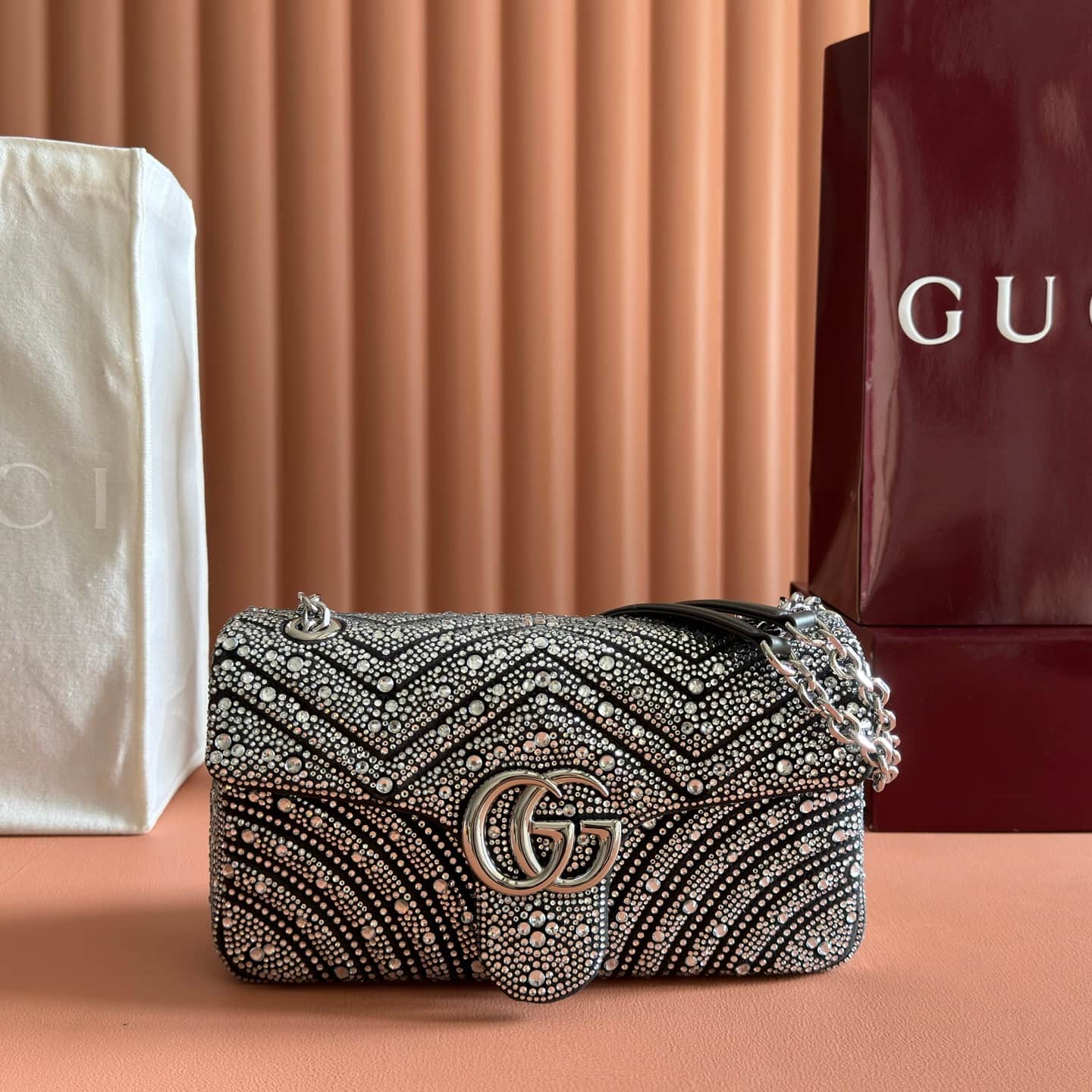 Gucci GG Marmont Shoulder Bag Black / Crystal 837267 High
