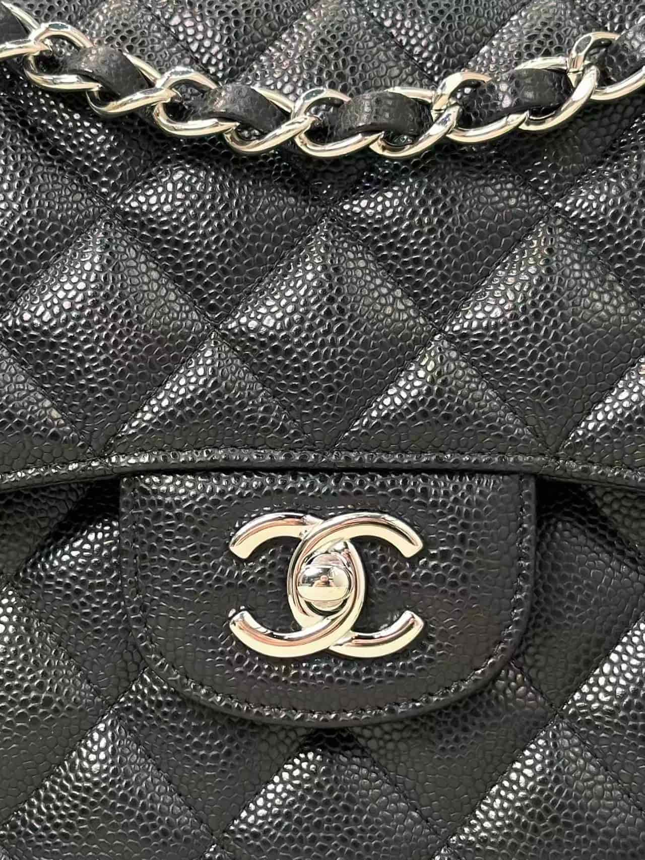 Chanel Large CLASSIC HANDBAG Grained Calfskin Black Silver Metal TOP