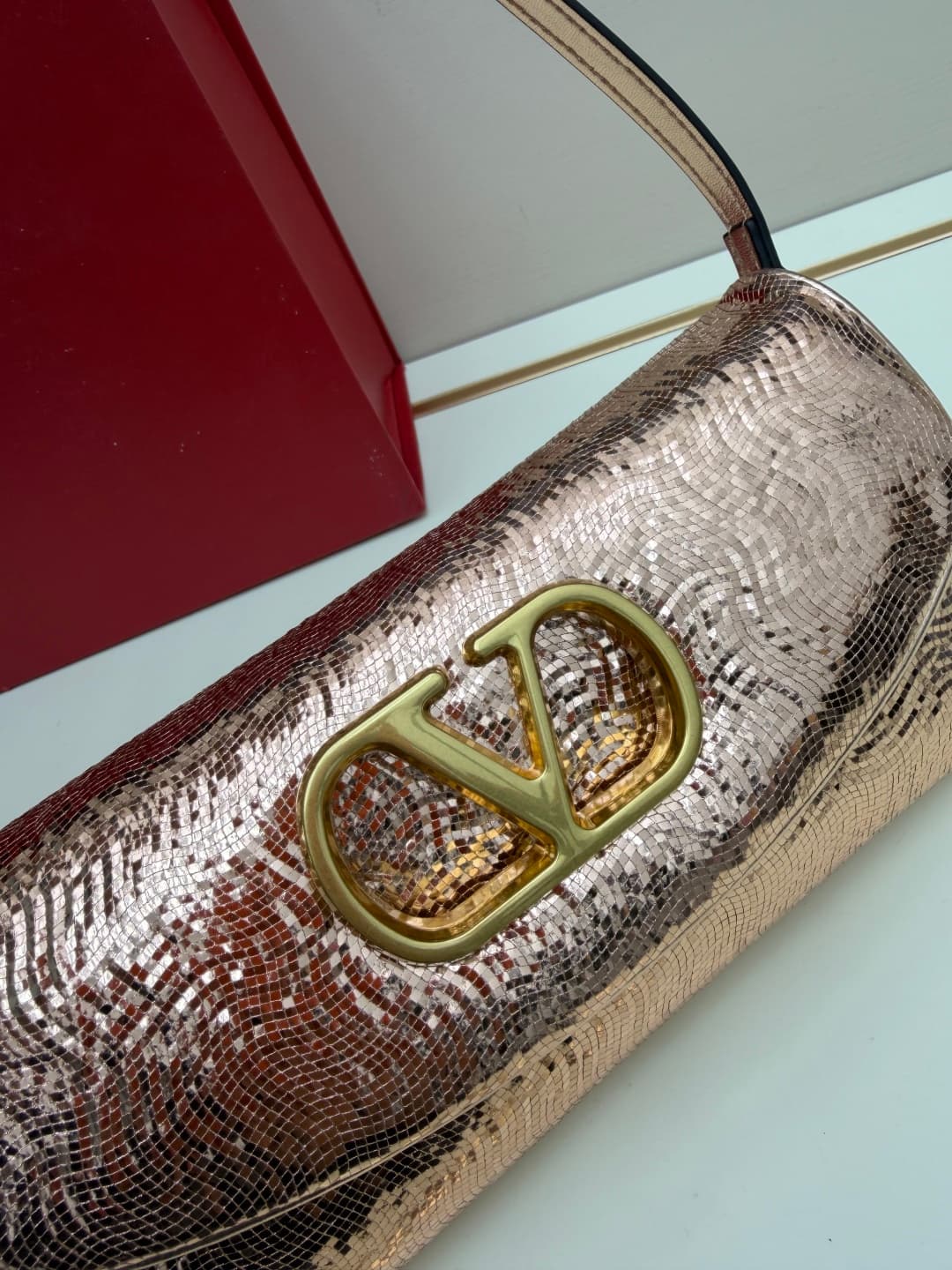 Valentino Garavani Devain Small Nappa Sequins Shoulder Bag Rose Gold High
