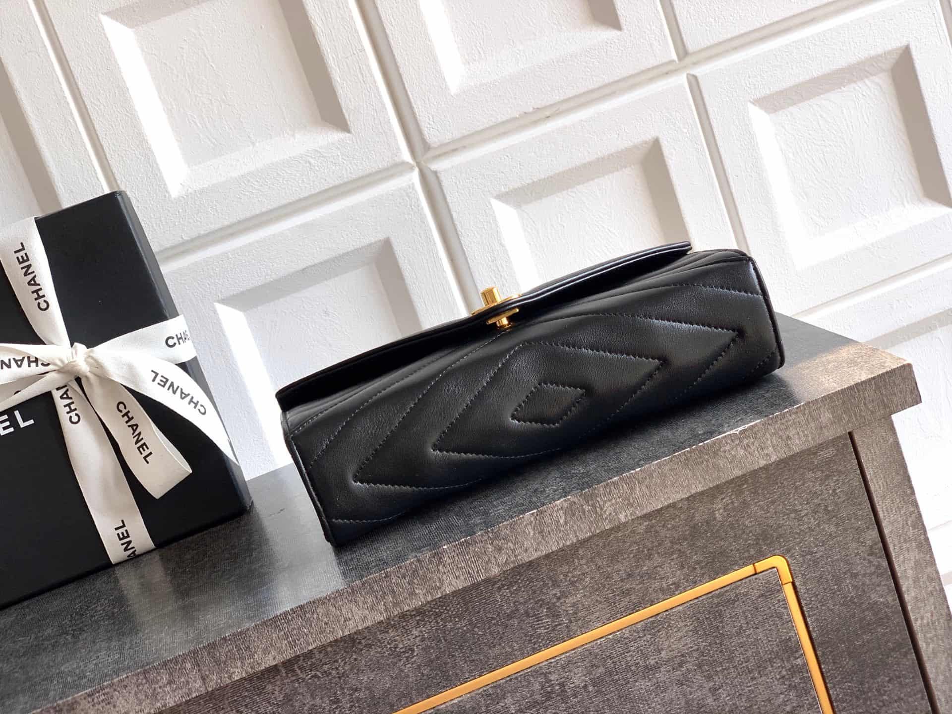 Chanel Flap Bag with Top Handle Chevron Lambskin& Gold-Tone Metal Black AS6044 A