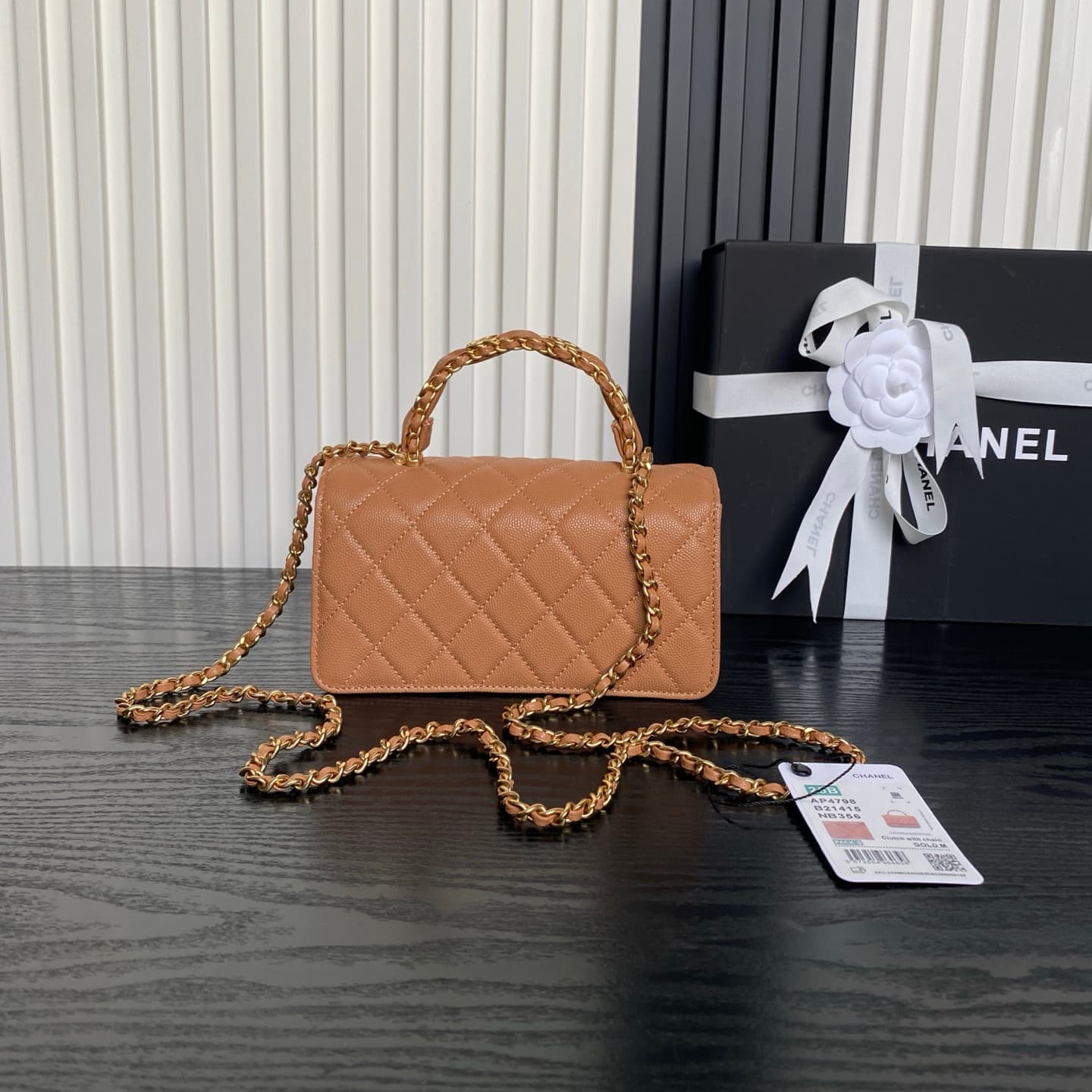 Chanel Mini Flap Bag with Top Handle Grained Shiny Calfskin & Gold-Tone Metal Tan AP4798 A