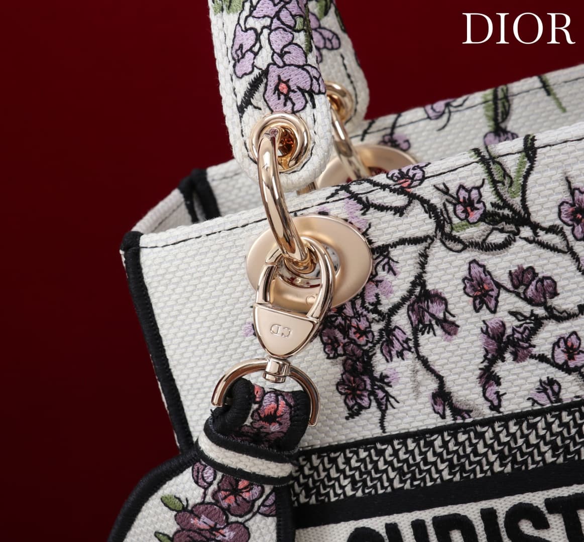 Medium Lady D-Lite Bag White and Purple Embroidery High