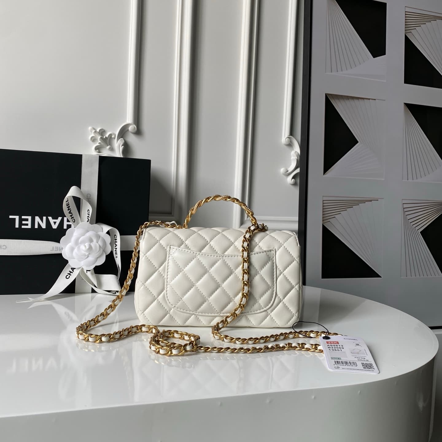 Chanel Mini Flap Bag with Top Handle Lambskin& Gold-tone Metal White AS5813 A