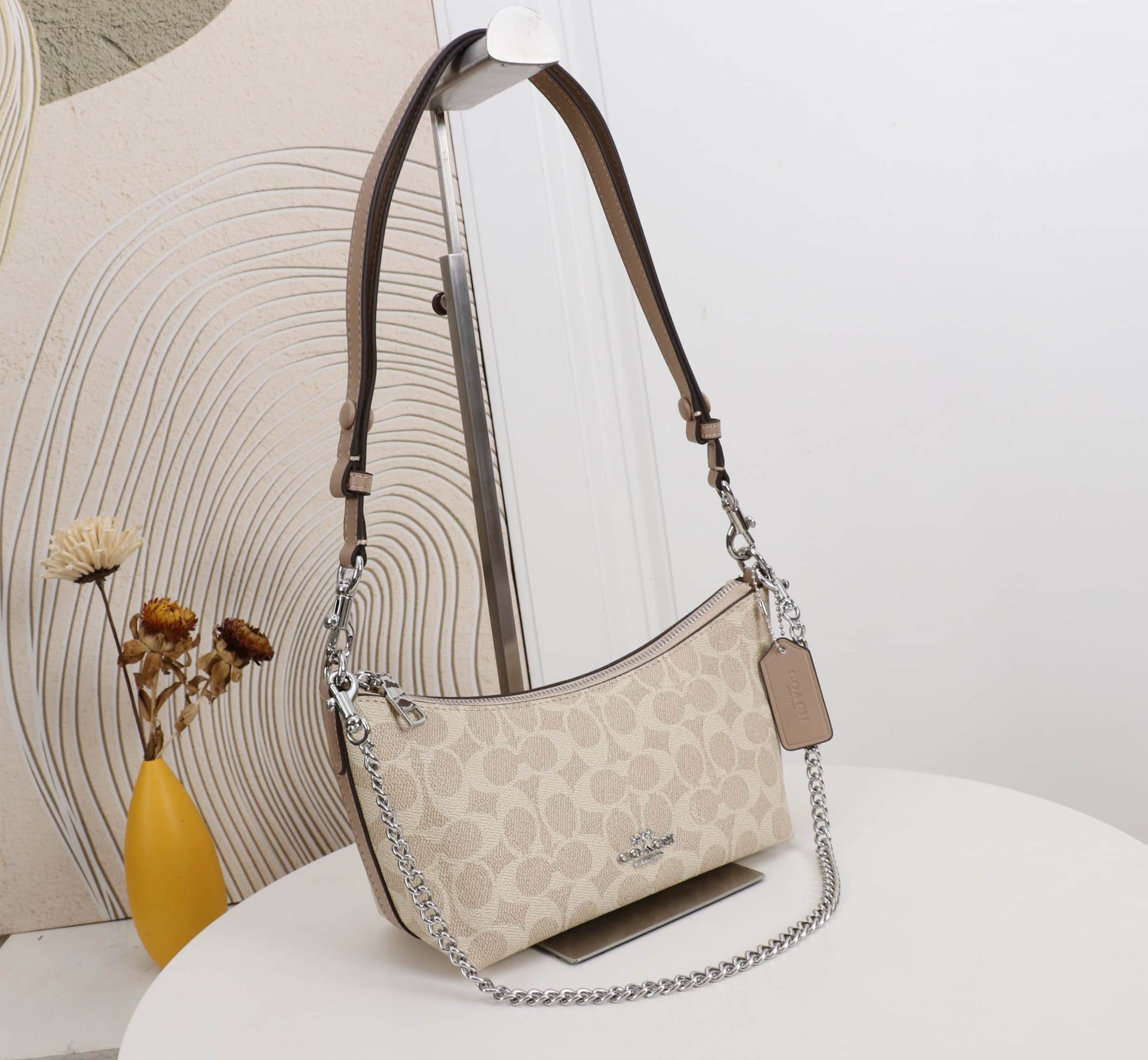 Coach Caitlin Shoulder Bag In Signature Canvas Silver/Sand/Taupe High