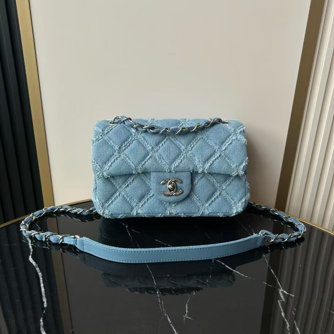 Chanel Mini Flap Bag Distressed Quilted Denim & Silver-Tone Metal Blue A