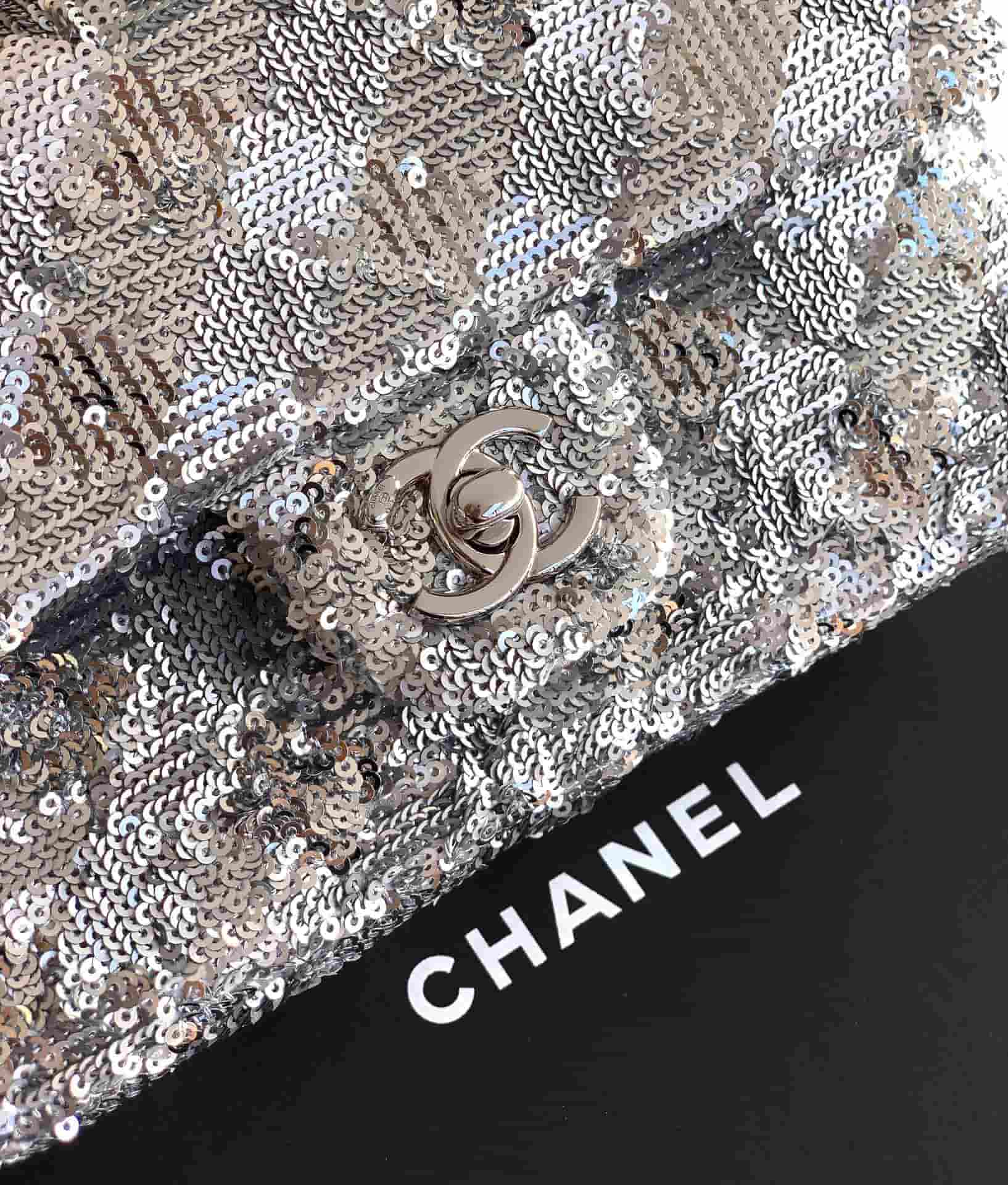 Chanel Classic Mini Flap Bag Sequins Embroidery & Silver-Tone Metal Silver 6171 A