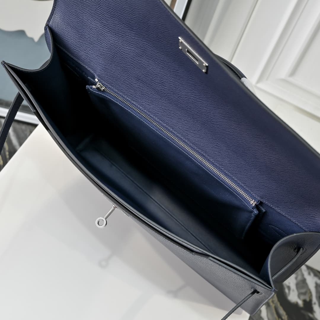 Hermes Kelly depeches Epsom 36 briefcase In Navy blue Silver Metal CalfskIn WAX High