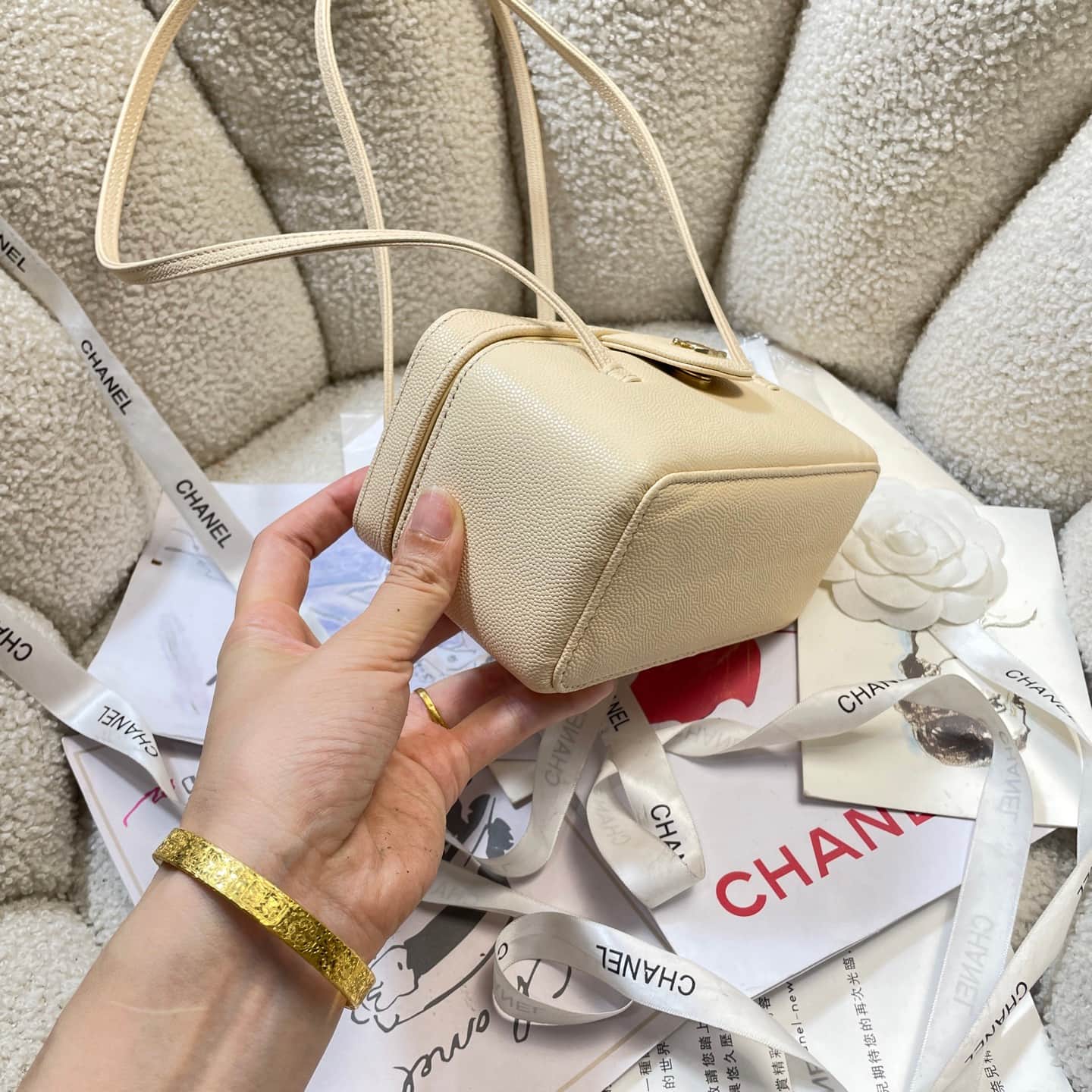 Chanel Long Vanity with Leather Strap Grained Shiny Calfskin & Gold-Tone Metal Beige AP5067 A