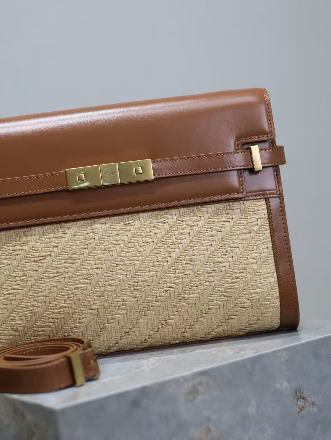 MANHATTAN SHOULDER BAG IN RAFFIA AND SMOOTH LEATHER High
