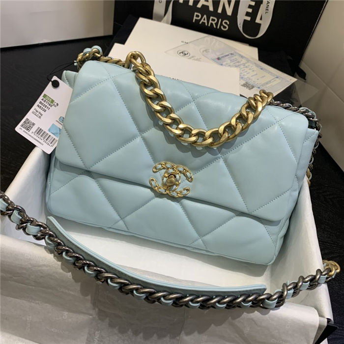 Large Chanel 19 Flap Bag Lambskin Light Blue High