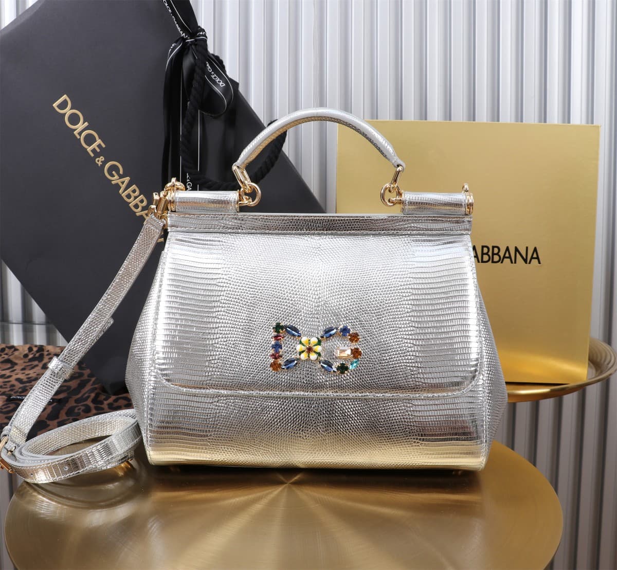 Sicily Handbag 25cm in Iguana Print Calfskin and Crystal DG Logo Patch High