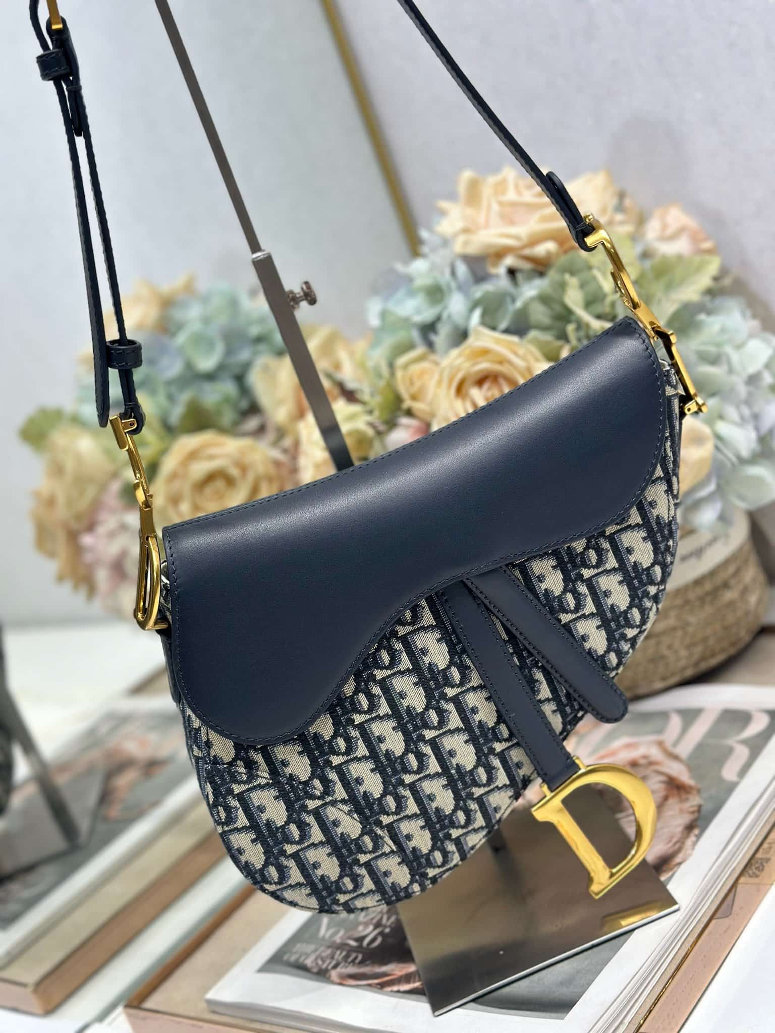 SADDLE BAG Oblique Jacquard  Blue with Beige High
