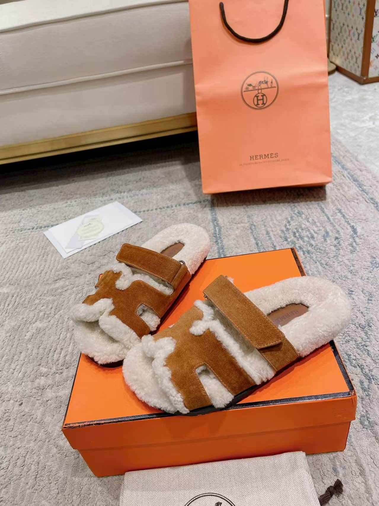 Hermes Chypre Sandals in Shearling and Suede Unisex