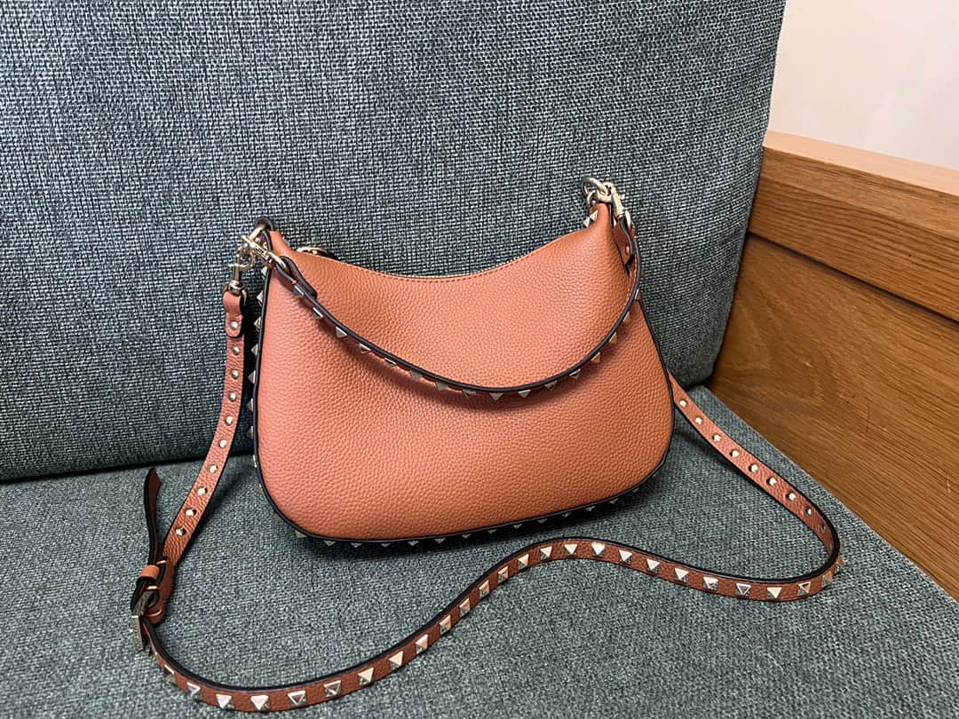 Valentino Garavani Rockstud Hobo bag in grainy brown calfskin high