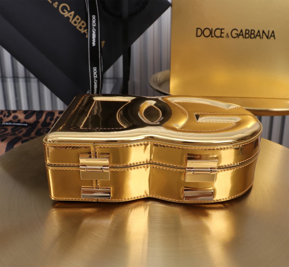 Dolce & Gabbana gold patent leather DG Logo handbag high
