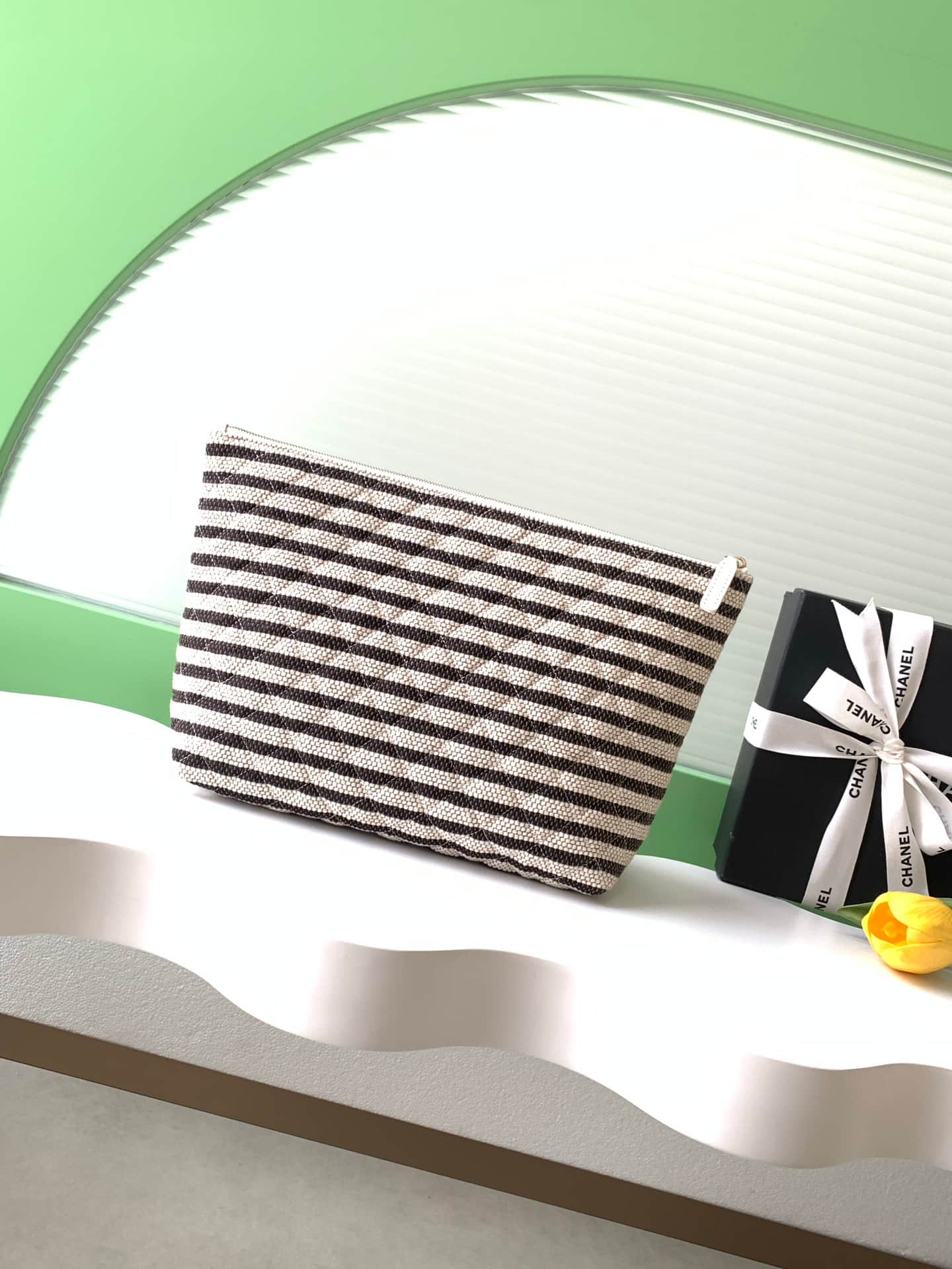 Chanel Zipped Case Printed Fabric & Gold-Tone Metal Black & White AS4988 A