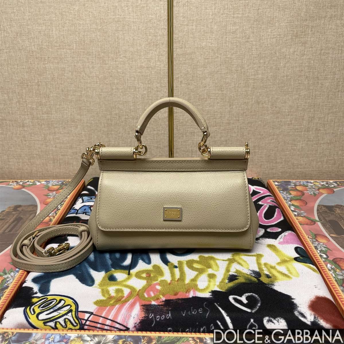 Dolce & Gabbana Miss Sicily top handle bag calfskin leather Beige High