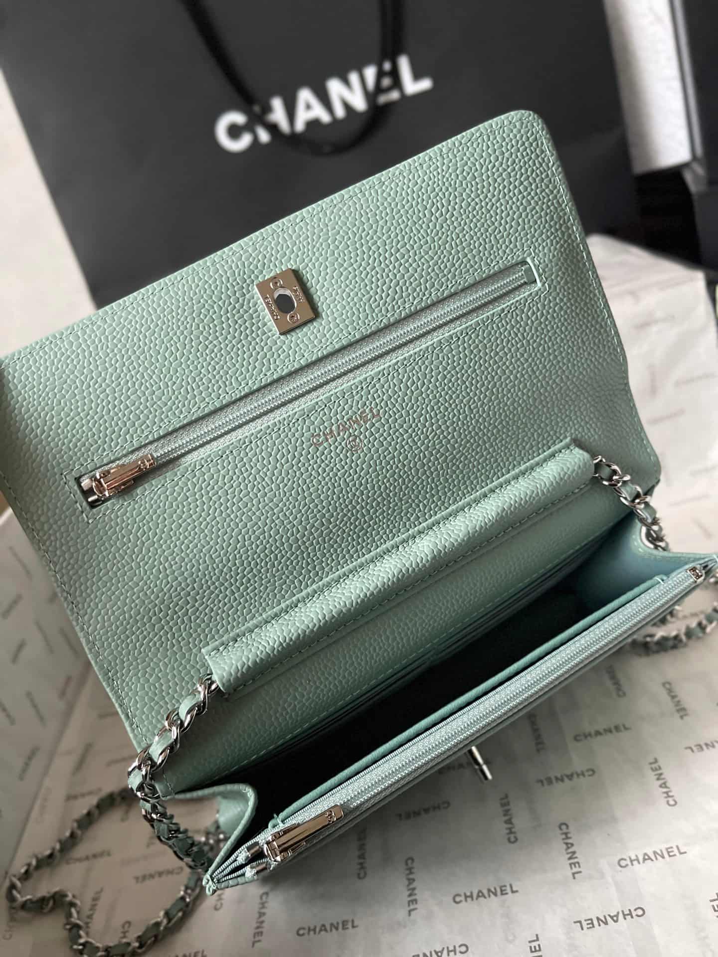 Chanel Classic Wallet on Chain Grained Shiny Calfskin & Silver-Tone Metal AP4241 Light Green A