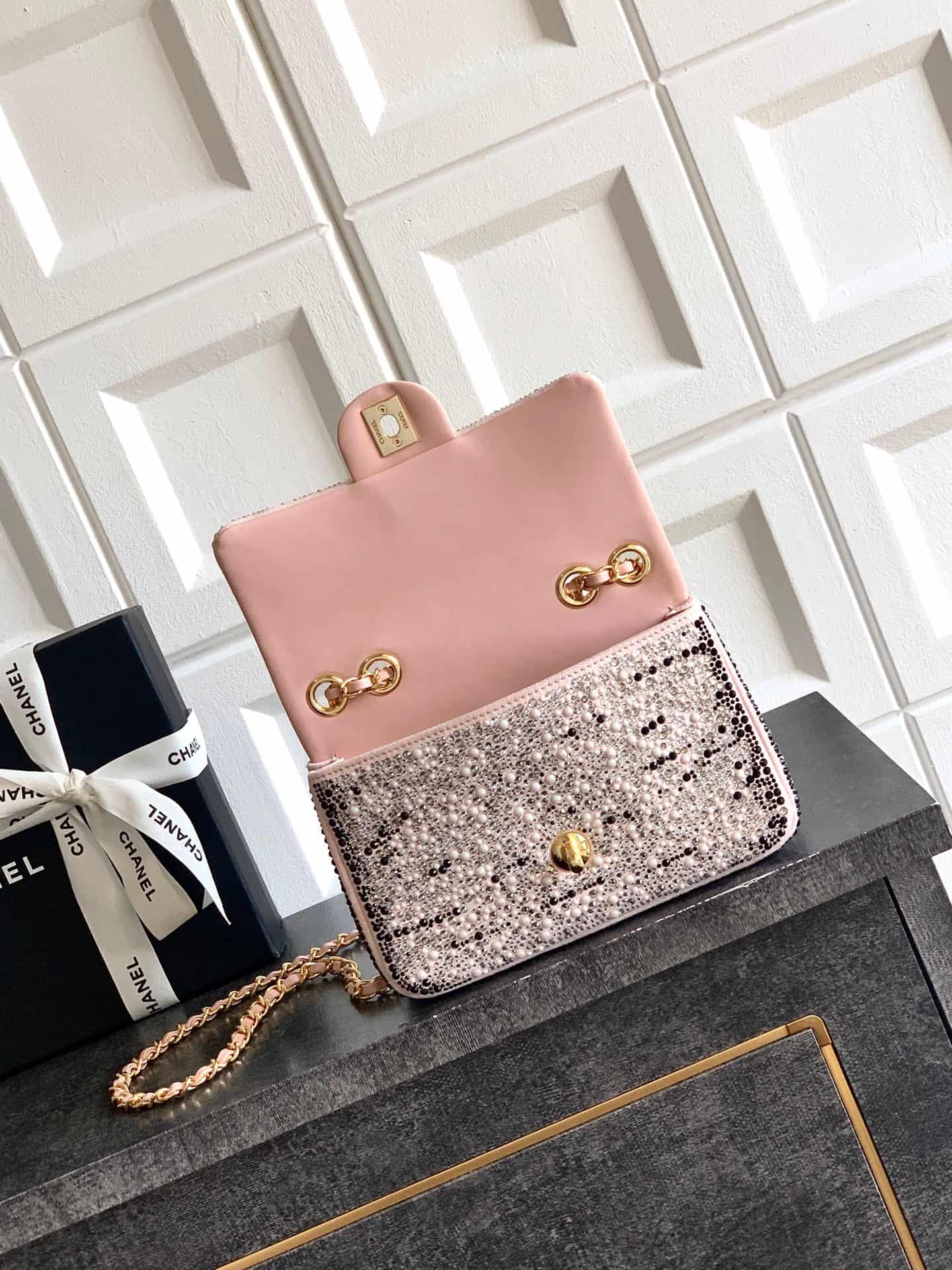 Chanel Classic Mini Flap Bag Strass Imitation Pearls & Gold-Tone Metal  Dark Pink 6171 A