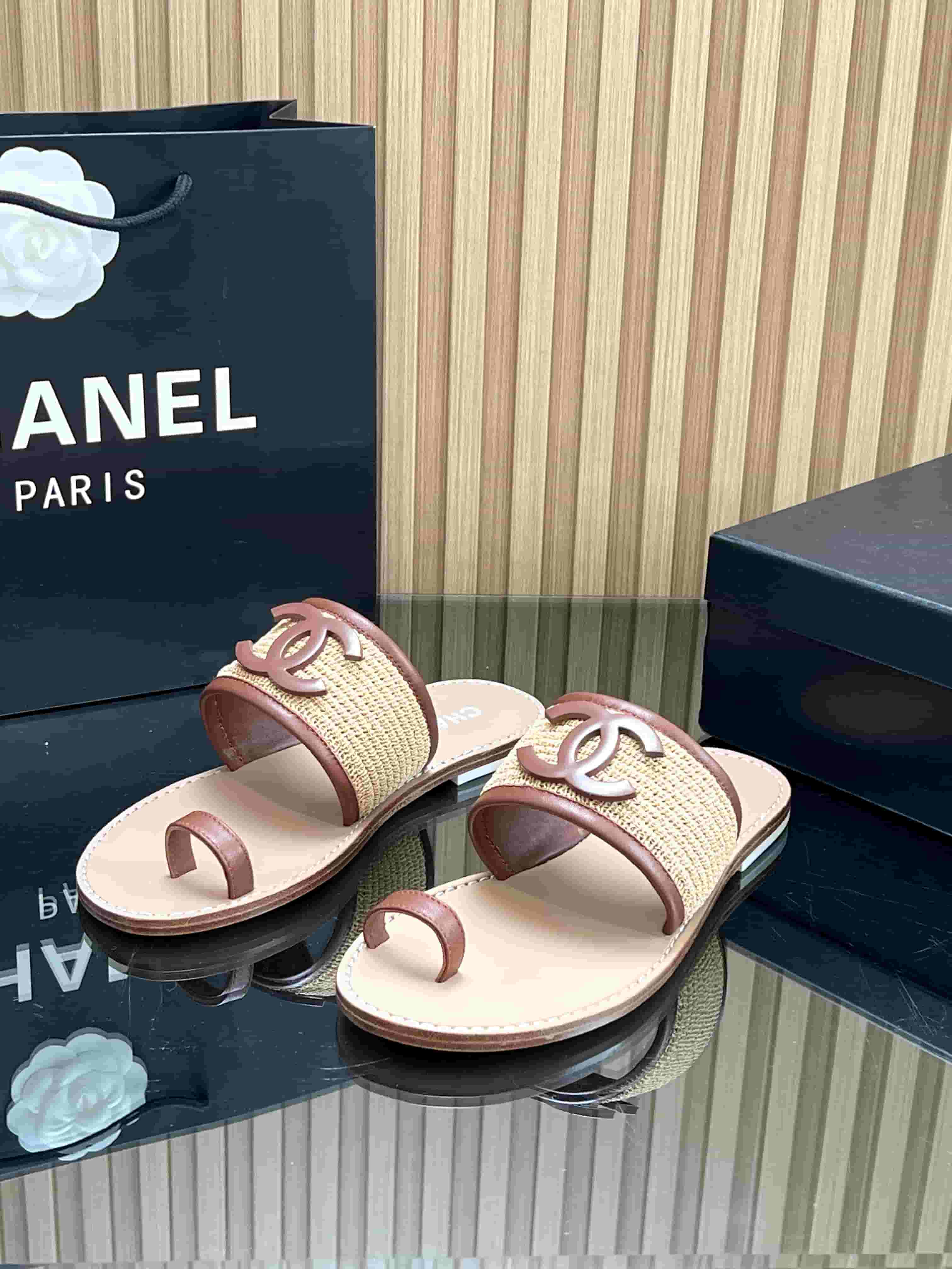 Chanel Raffia & lambskin Mules