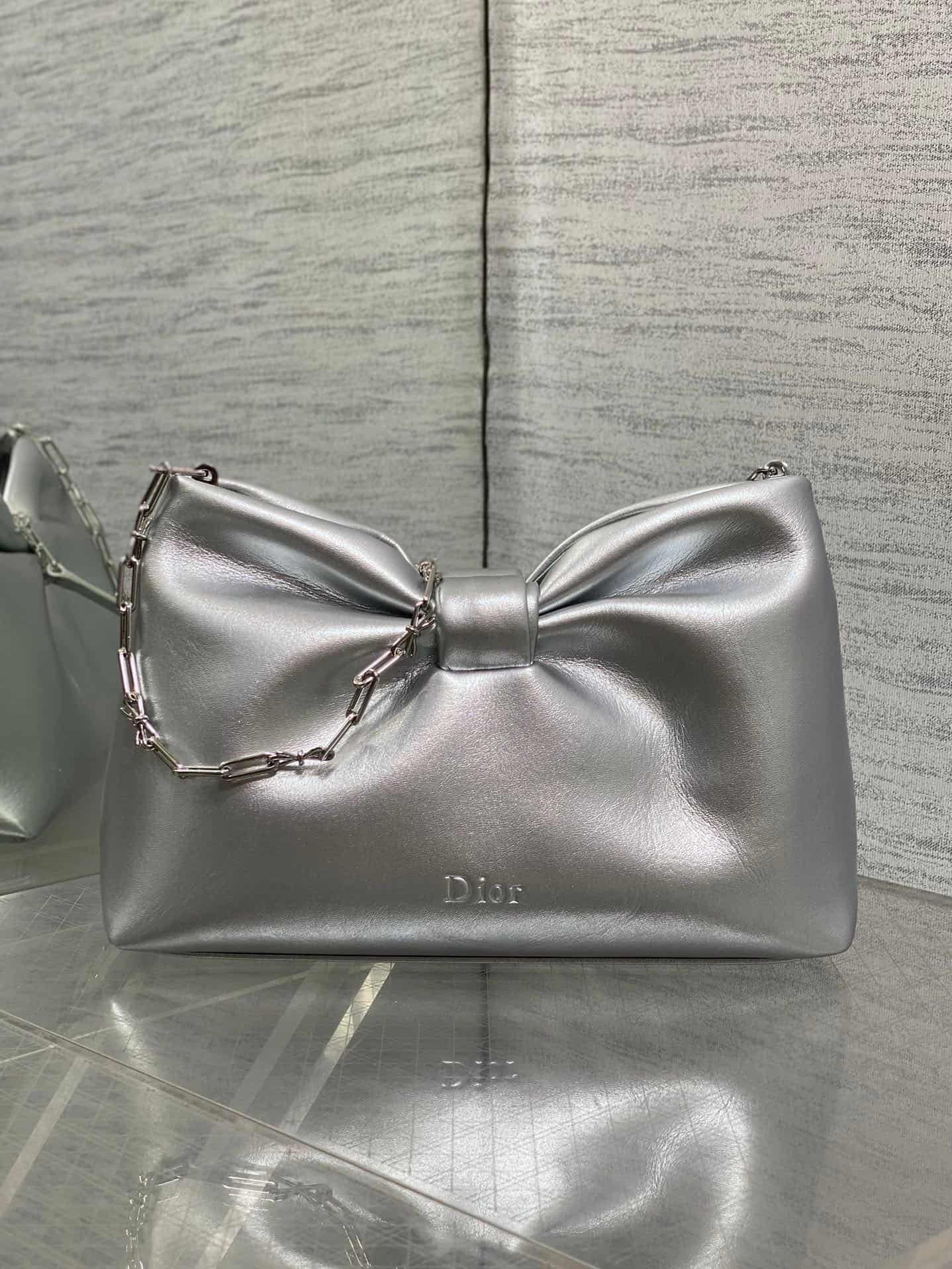 Small Dior Bow Bag Silver Leather High