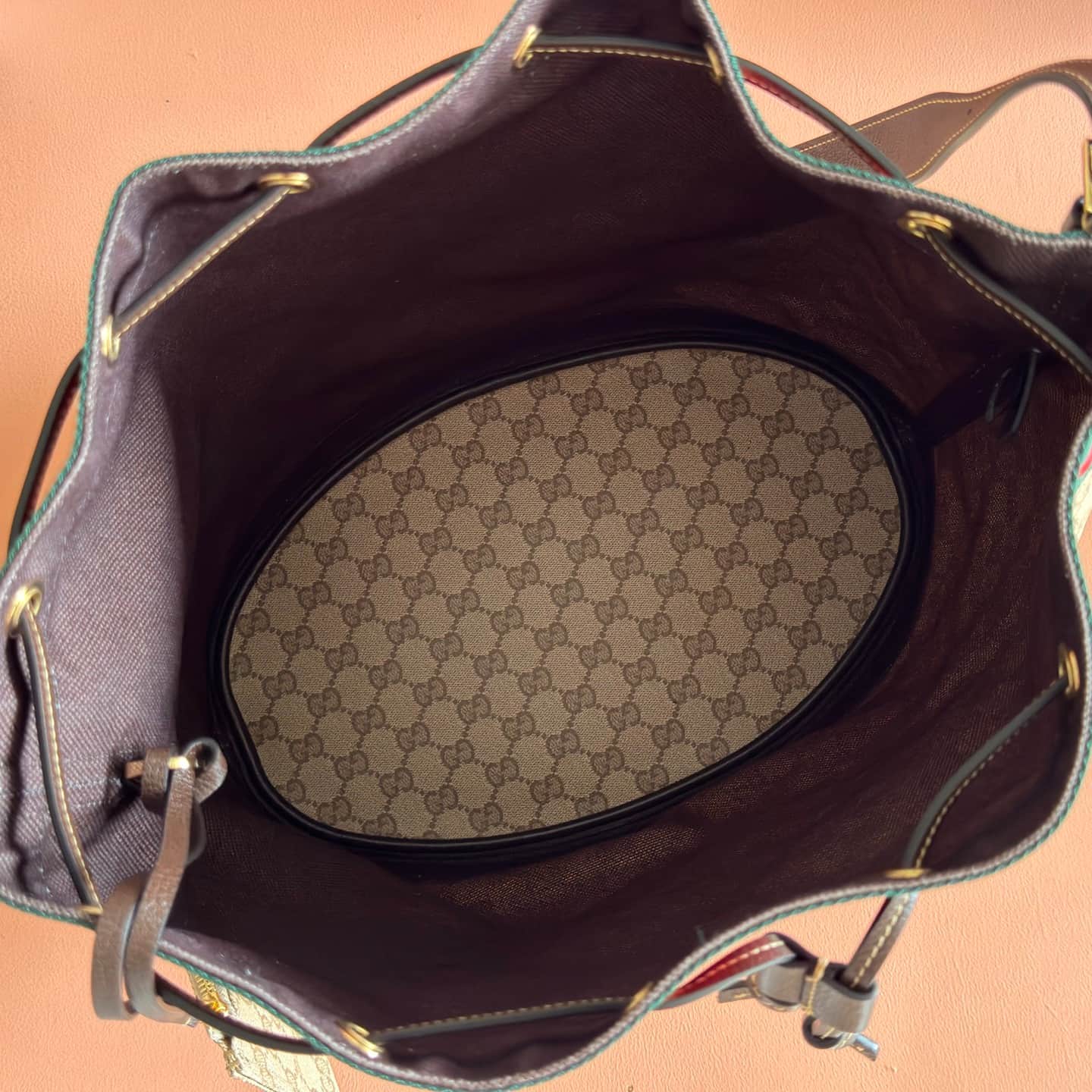 Gucci Venice large bucket bag Sand and dark brown GG coated canvas 875238 High
