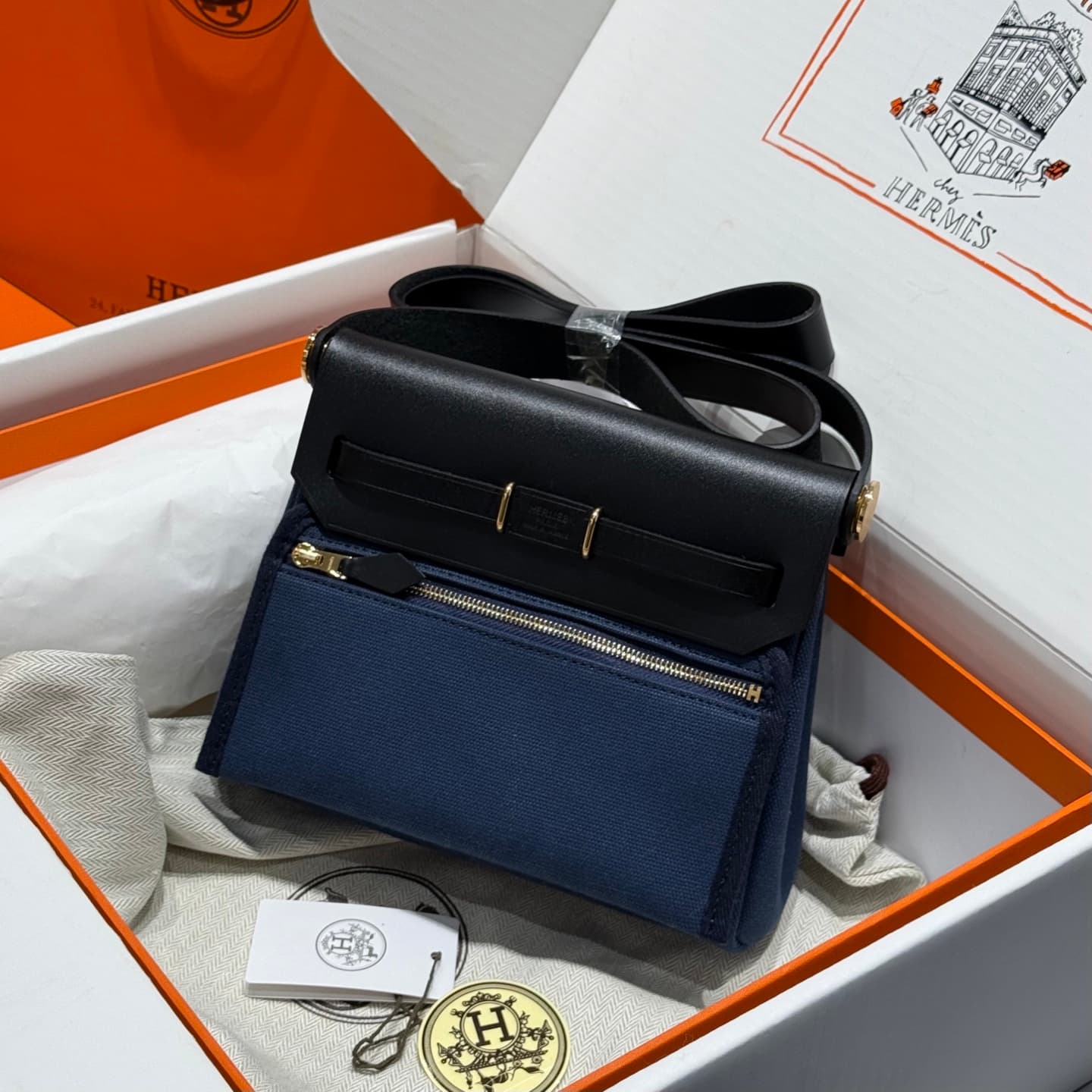 Hermes Herbag Zip Mini 20 bag Canvas and Leather Deep Bleu TOP