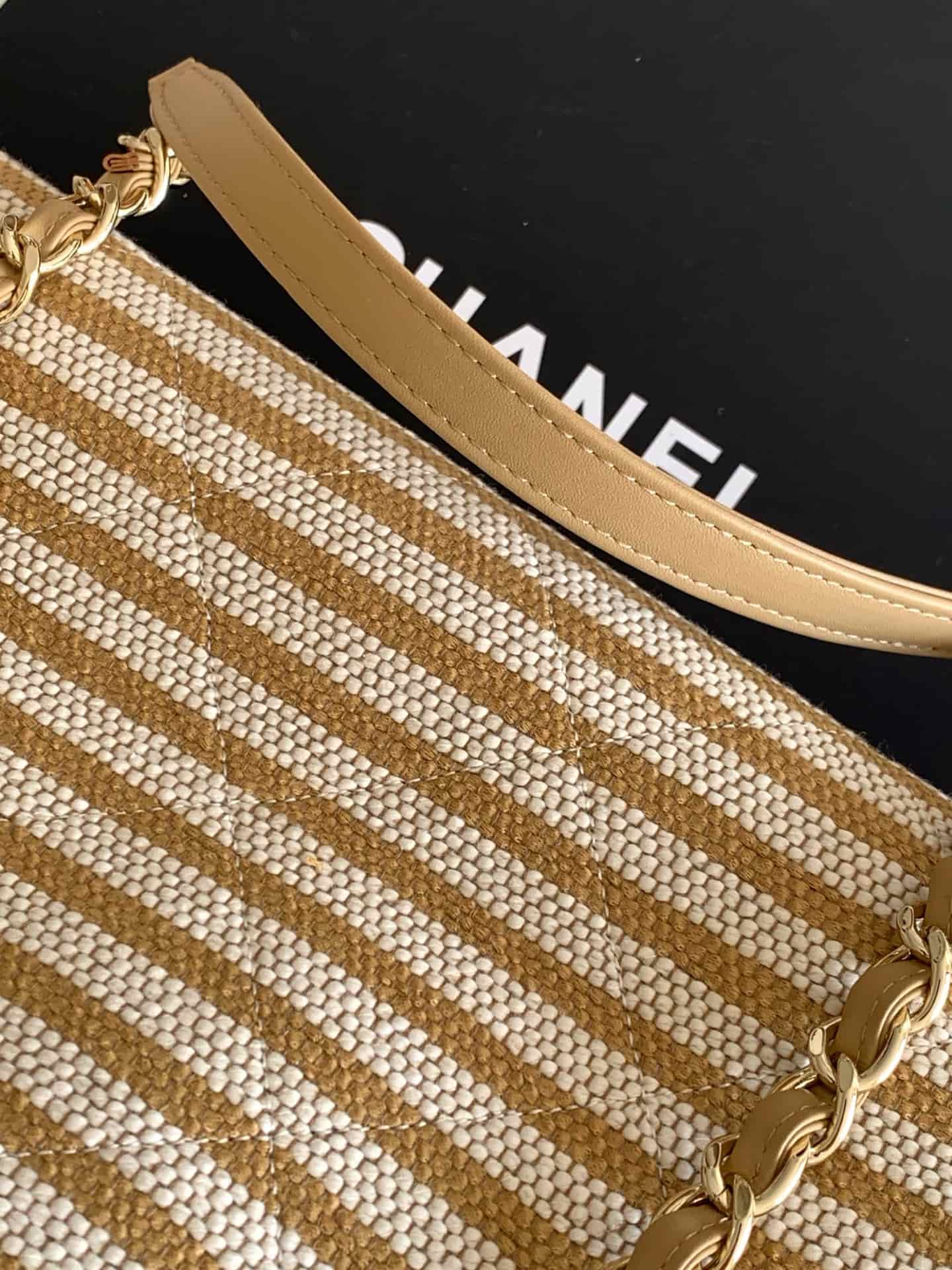 Chanel Deauville tote bag Striped canvas & Gold-Tone Metal Beige AS6007 A