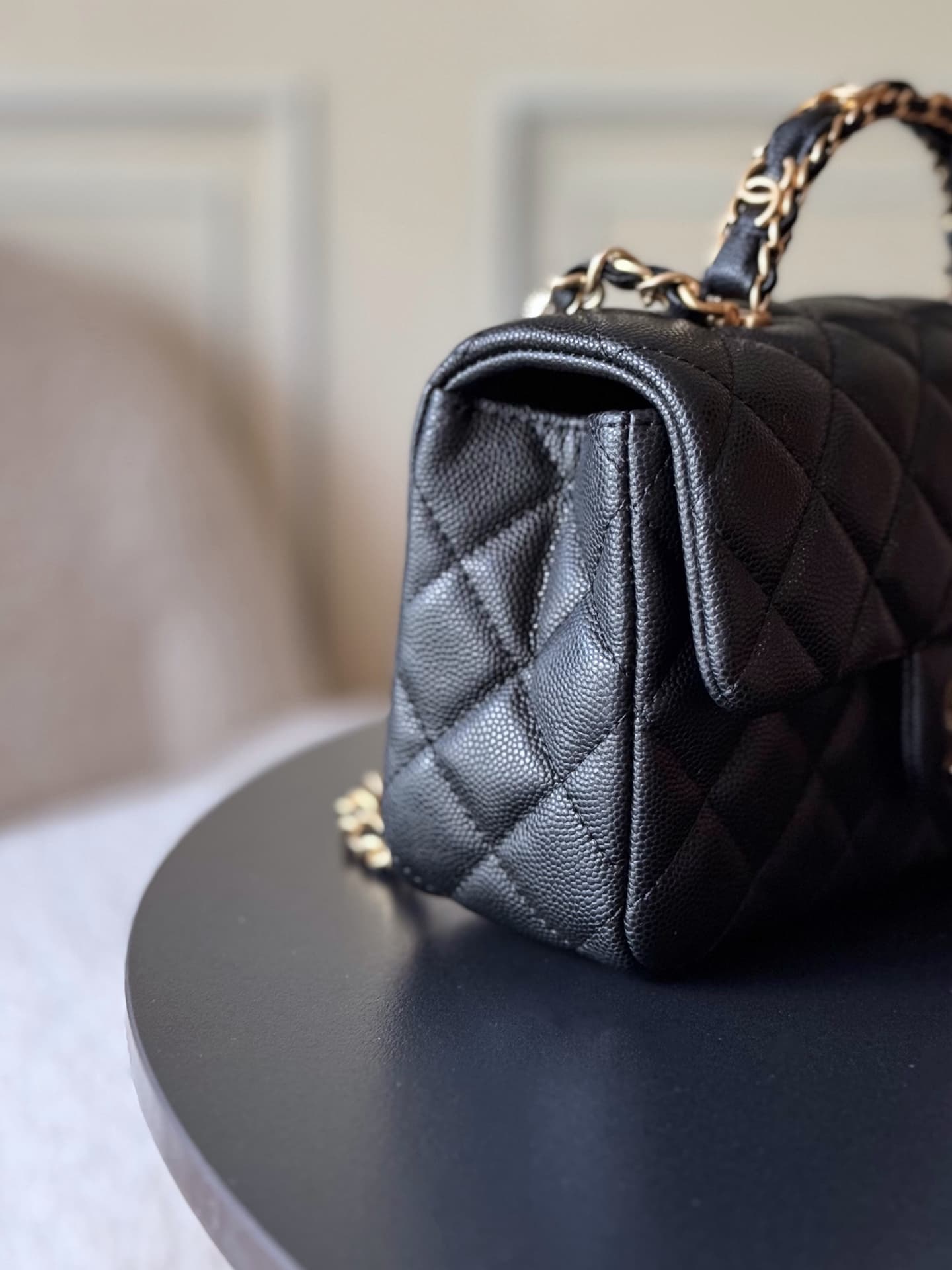 Chanel Mini Flap Bag with Top Handle Grained Shiny Calfskin & Gold-Tone Metal Black AS5701 TOP