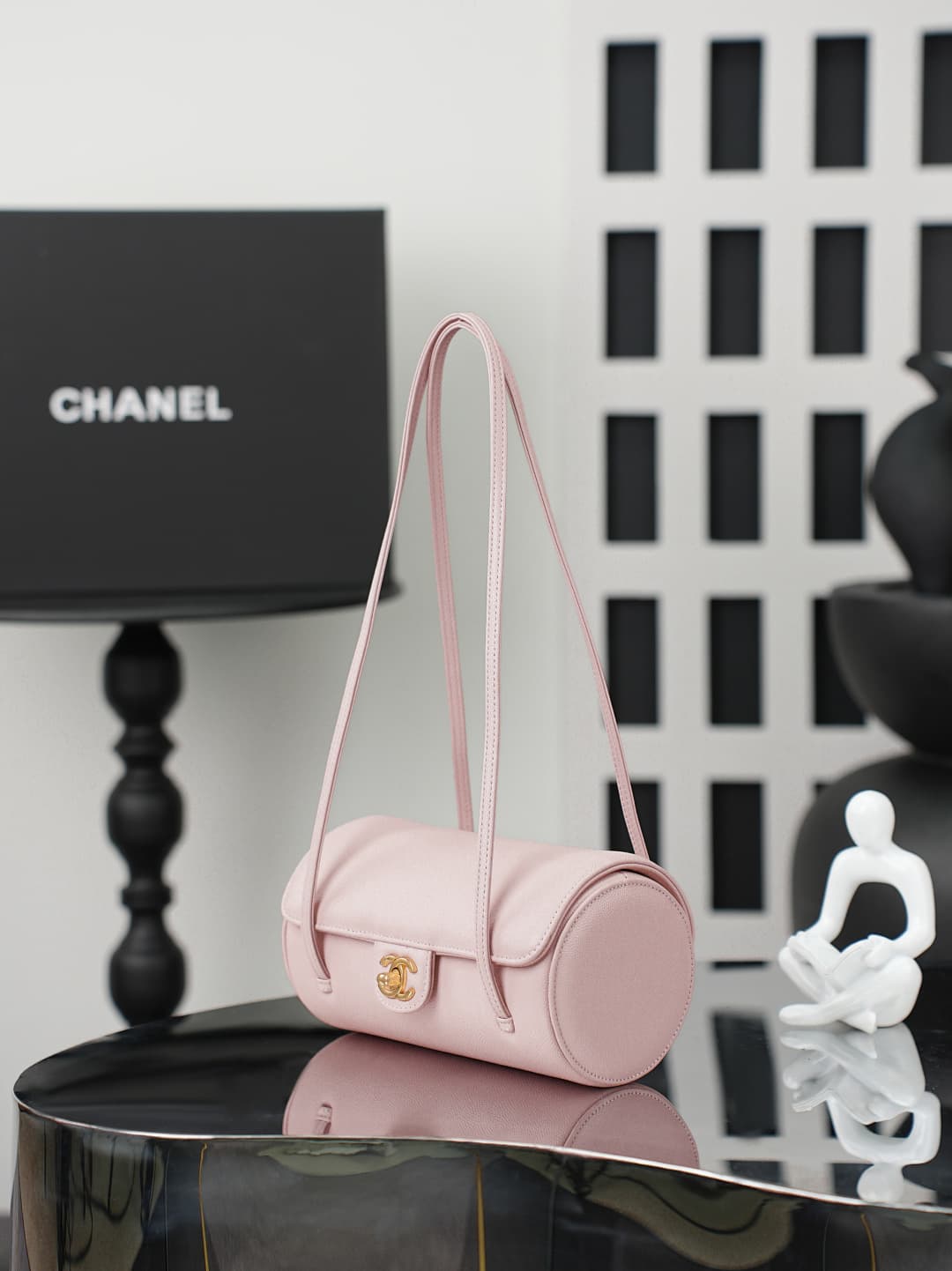 Chanel Small Bowling Bag Grained Shiny Calfskin & Gold-Tone Metal AS6143 Light Pink High