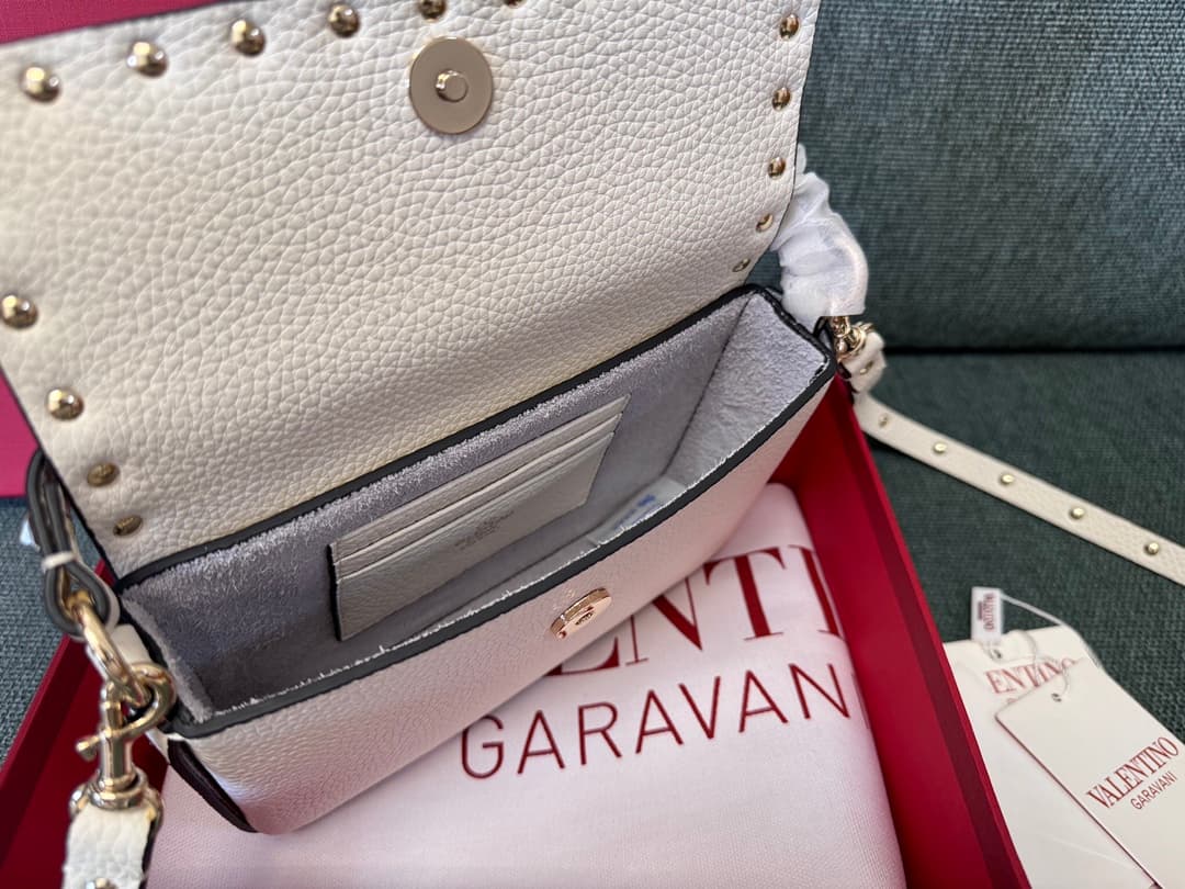 Valentino Garavani Mini Rockstud Grainy Leather Crossbody Bag in White High