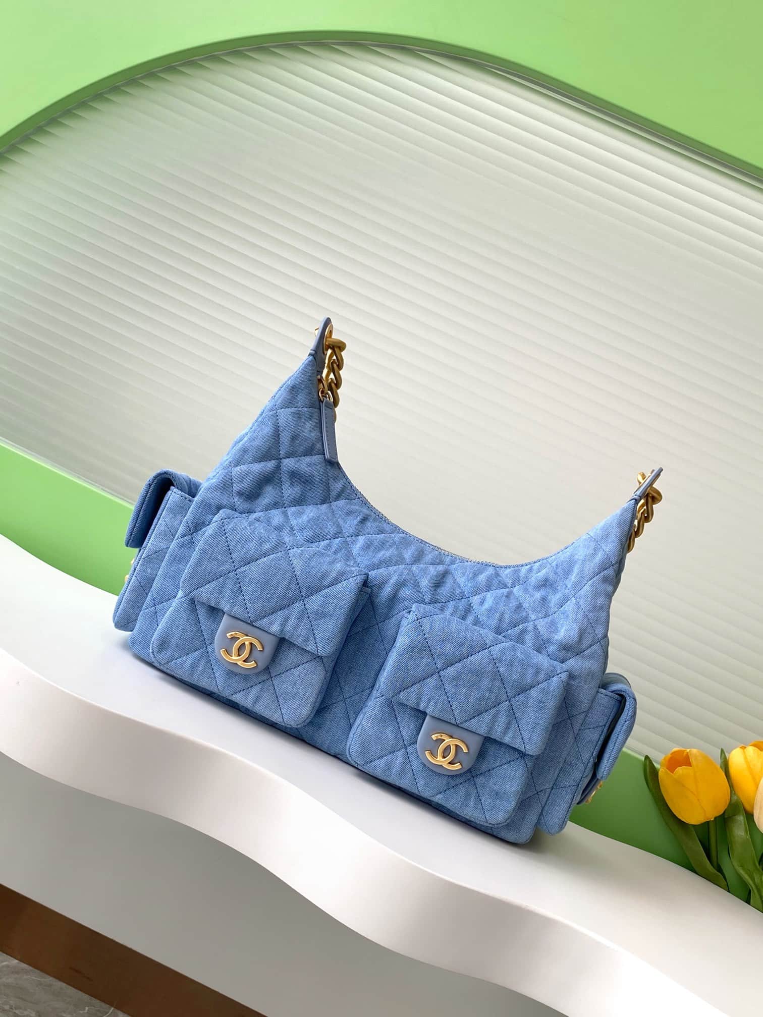 Chanel Trendy Pockets Hobo Bag Denim & Gold Metal Blue AS5302 A