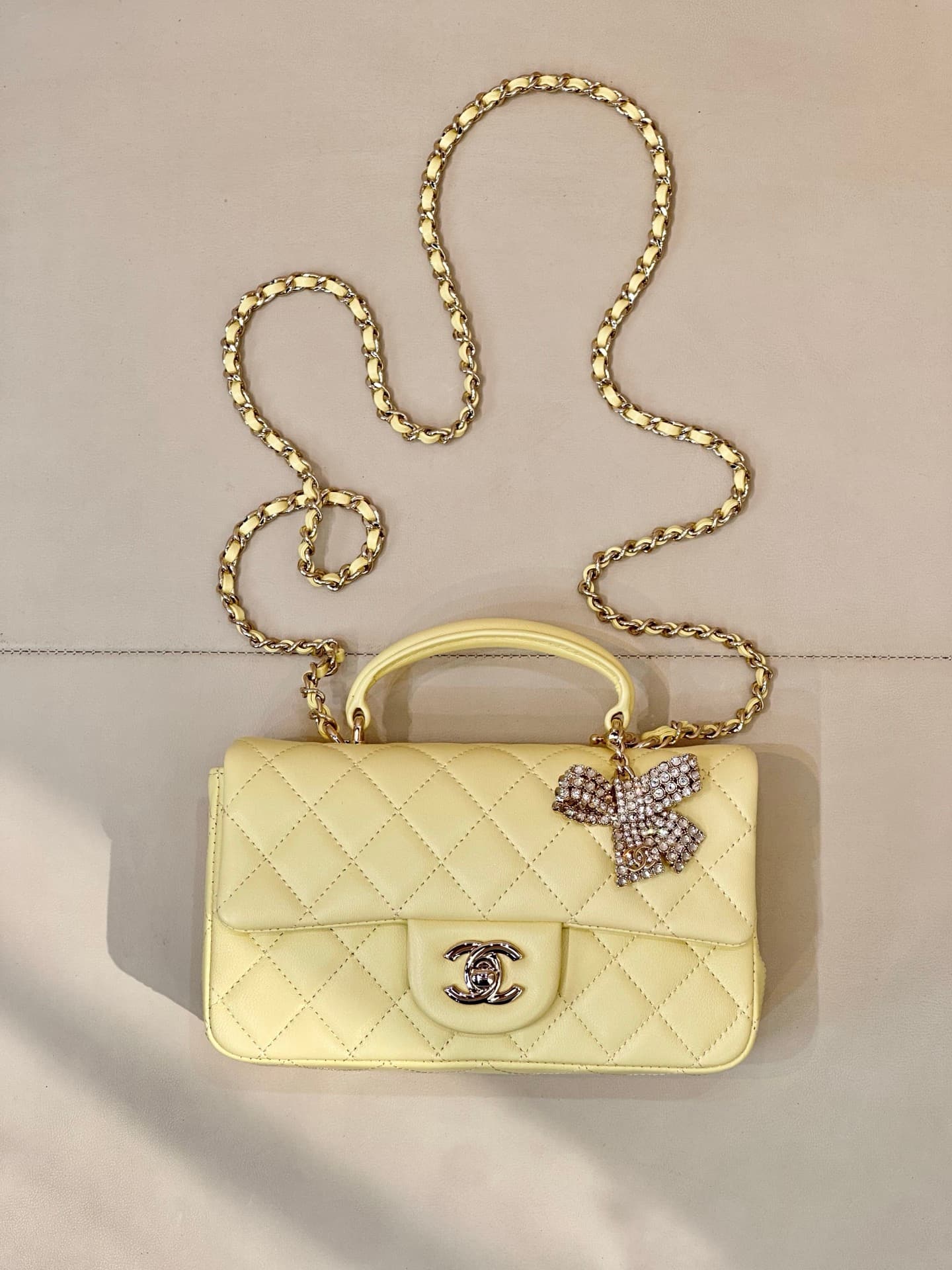 Chanel Mini Classic Handbag Lambskin Strass & Gold-Tone Metal AS2431 light yellow TOP