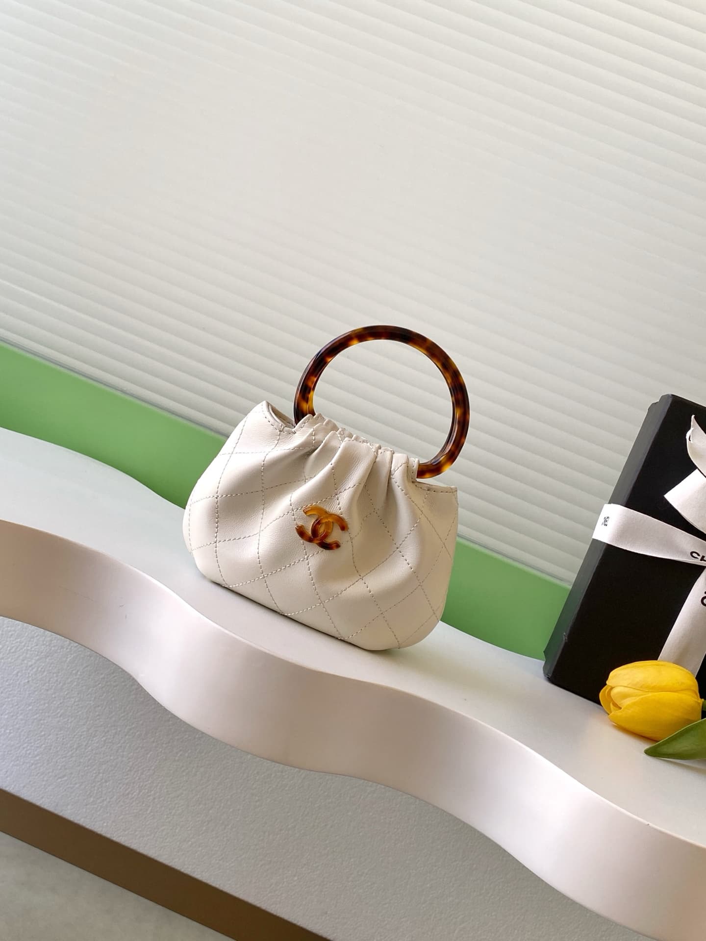 Chanel Mini Hobo Bag Lambskin-Shell Effect Plexi & Gold-Tone Metal White AS4981 High