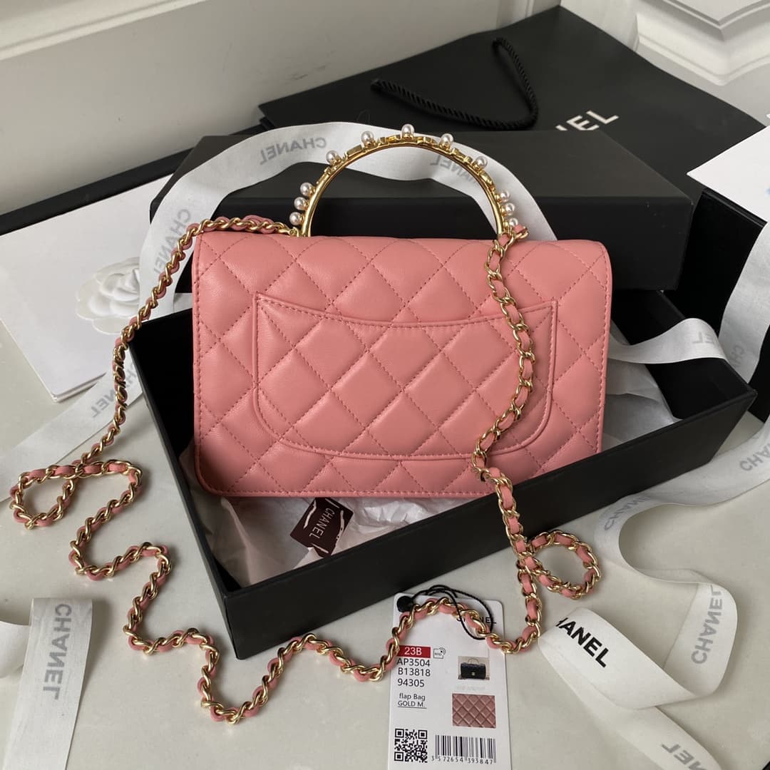 Chanel Wallet on Chain AP3504 Lambskin, Imitation Pearls, Strass & Gold-Tone Metal Pink A