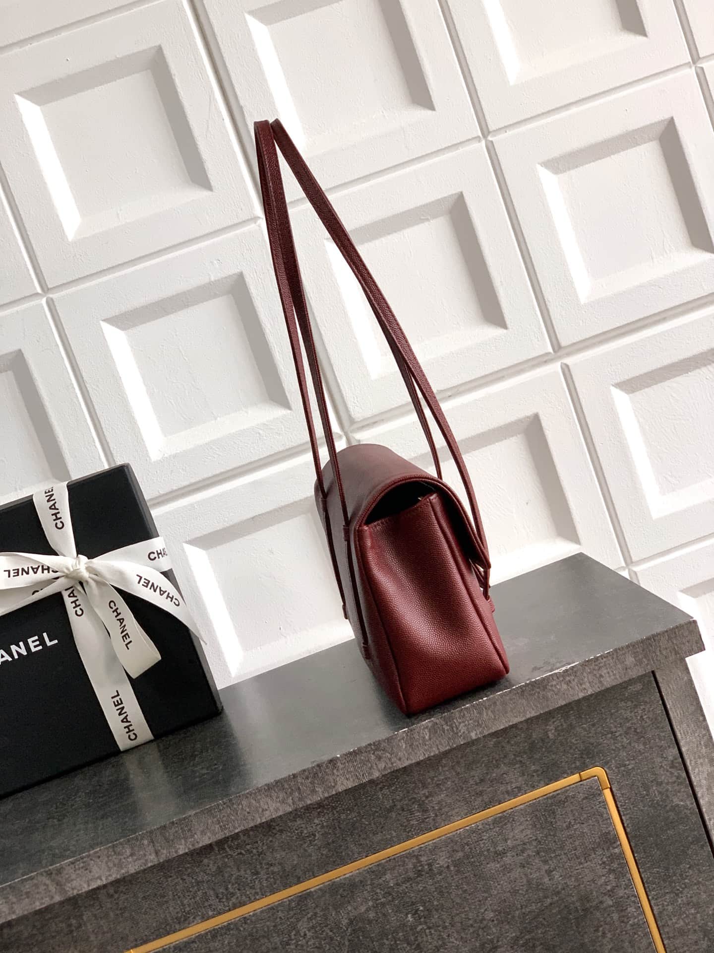 Chanel Clutch with Leather Strap Grained Shiny Calfskin & Gold-Tone Metal Claret  5809 High